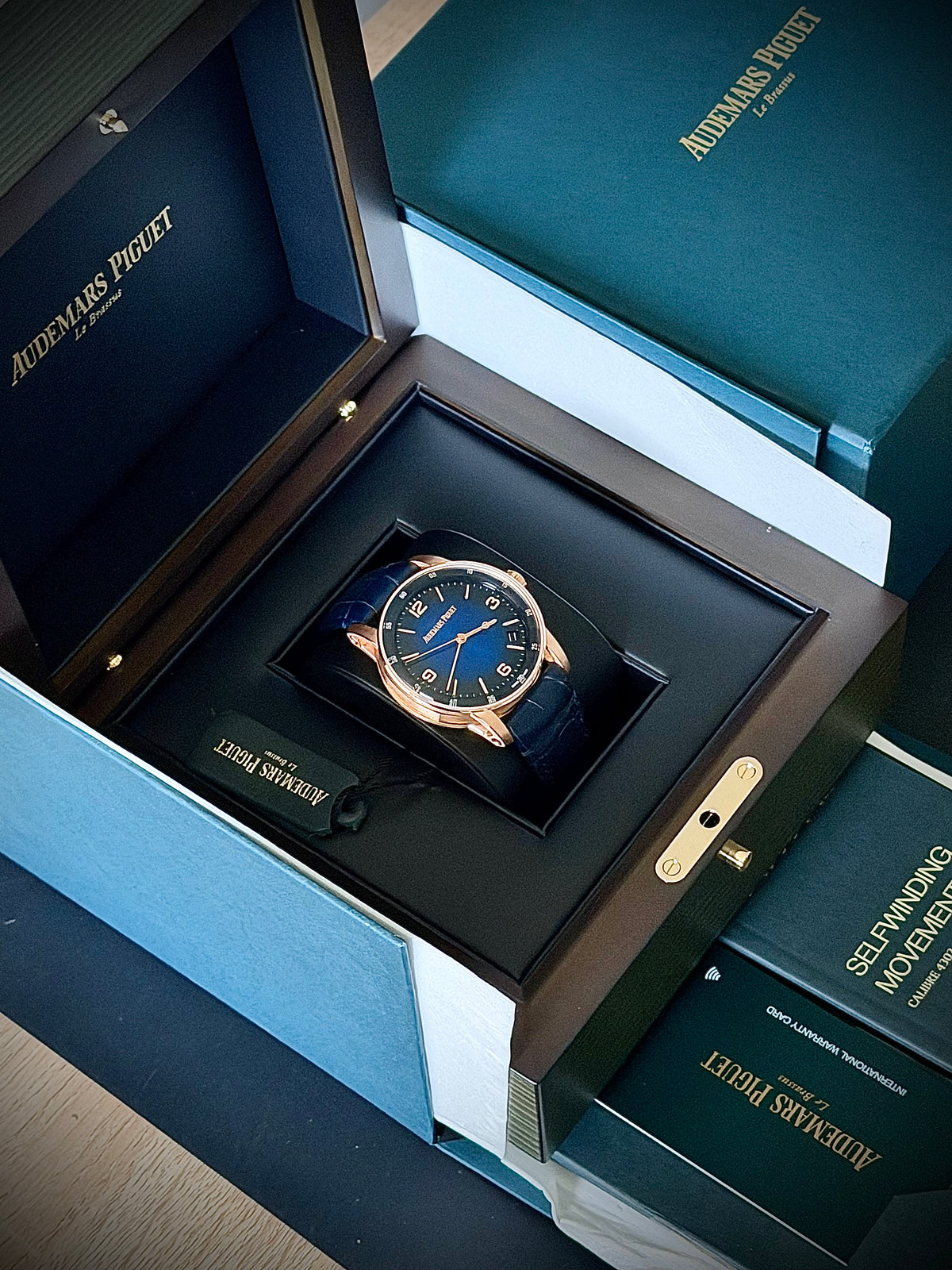 2023 AUDEMARS PIGUET CODE 11.59 SELFWINDING, 15210OR.OO.A028CR.01, 18CT PINK GOLD, SMOKED BLUE DIAL, FULL SET, INC GST