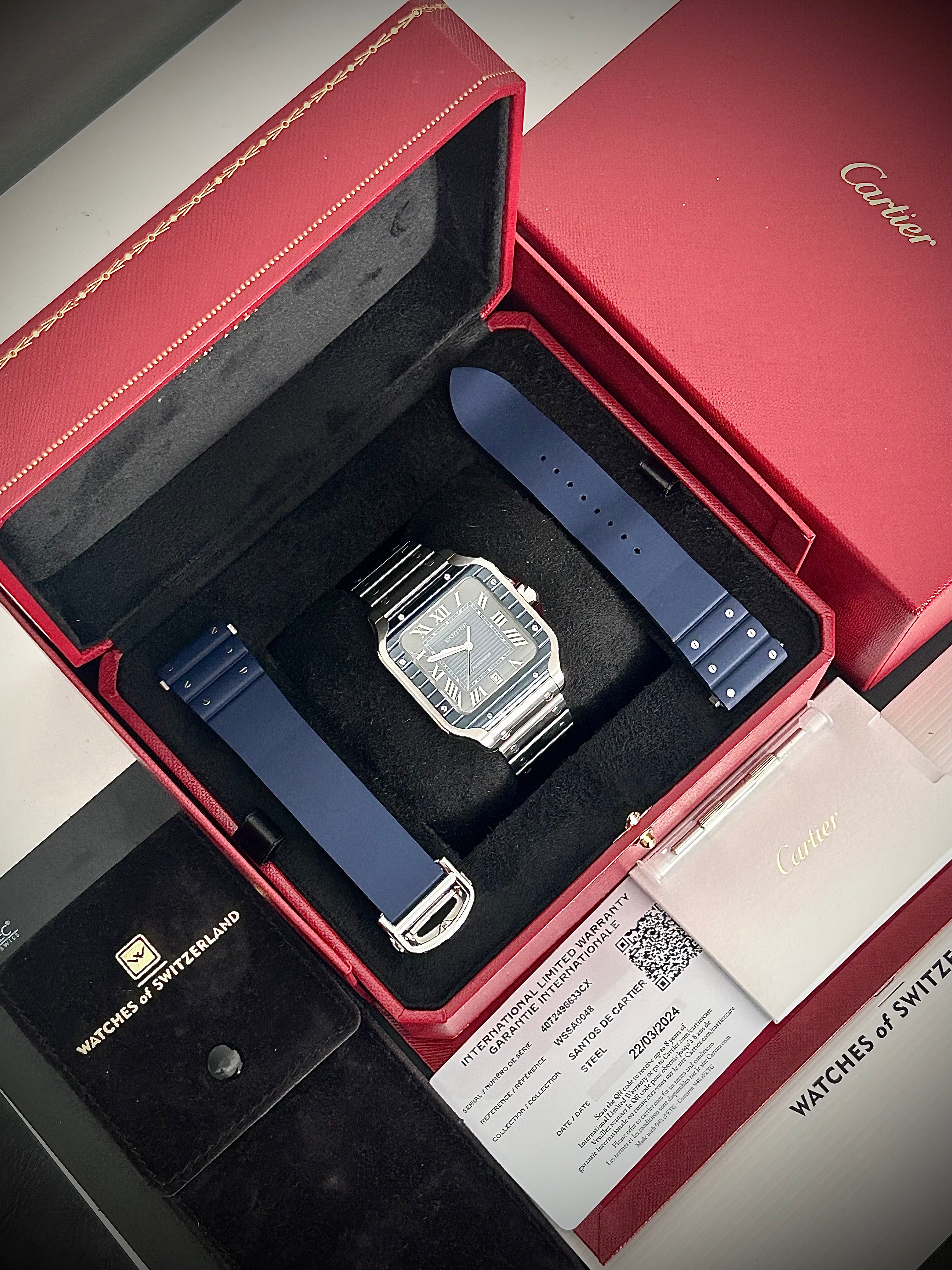 2024 CARTIER SANTOS DE CARTIER LARGE, BLUE PVD, WSSA0048, FULL SET, INC GST