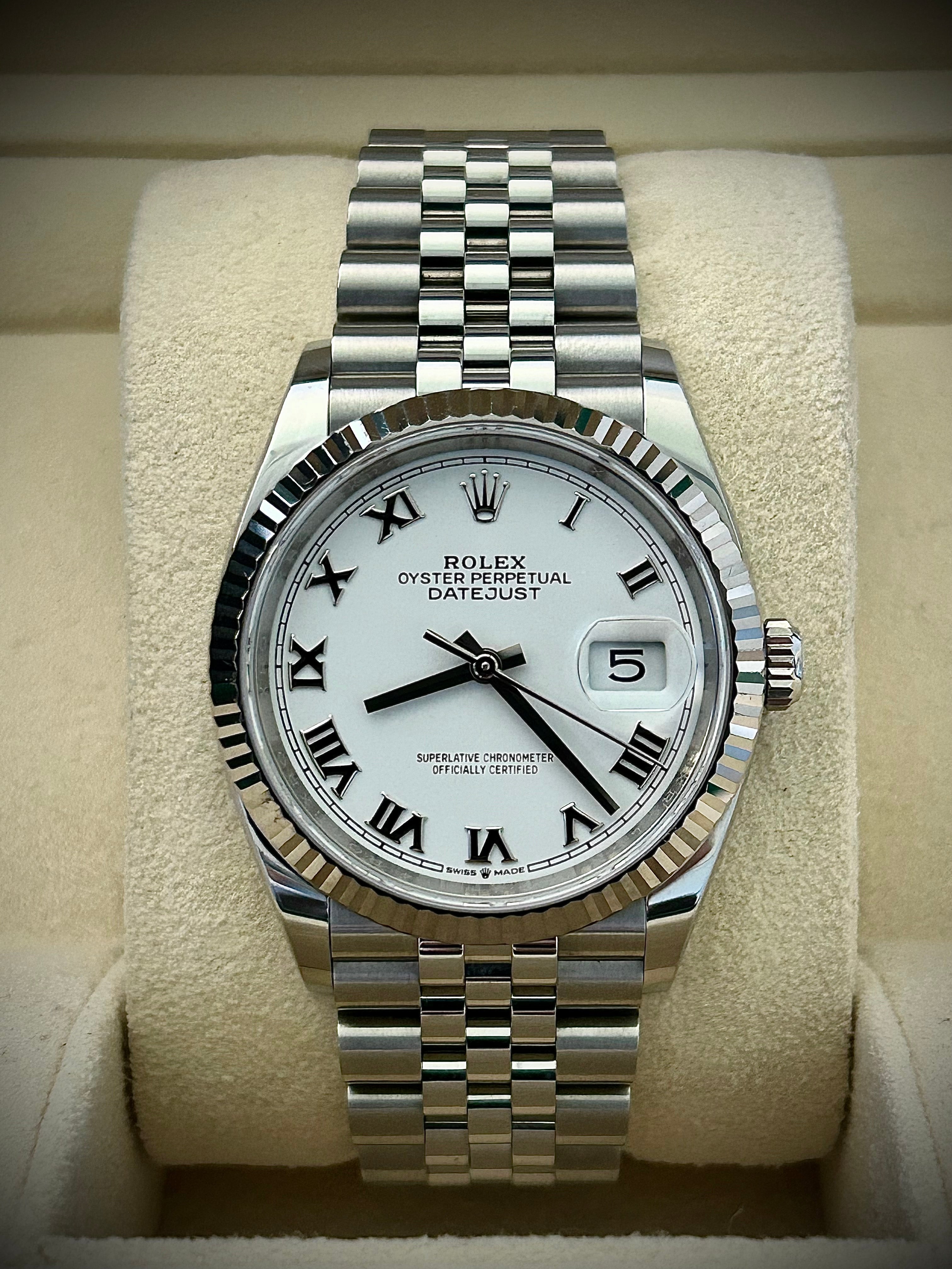 2023 ROLEX DATEJUST 36, 126234, WHITE ROMAN DIAL, BOX AND PAPERS, INC GST