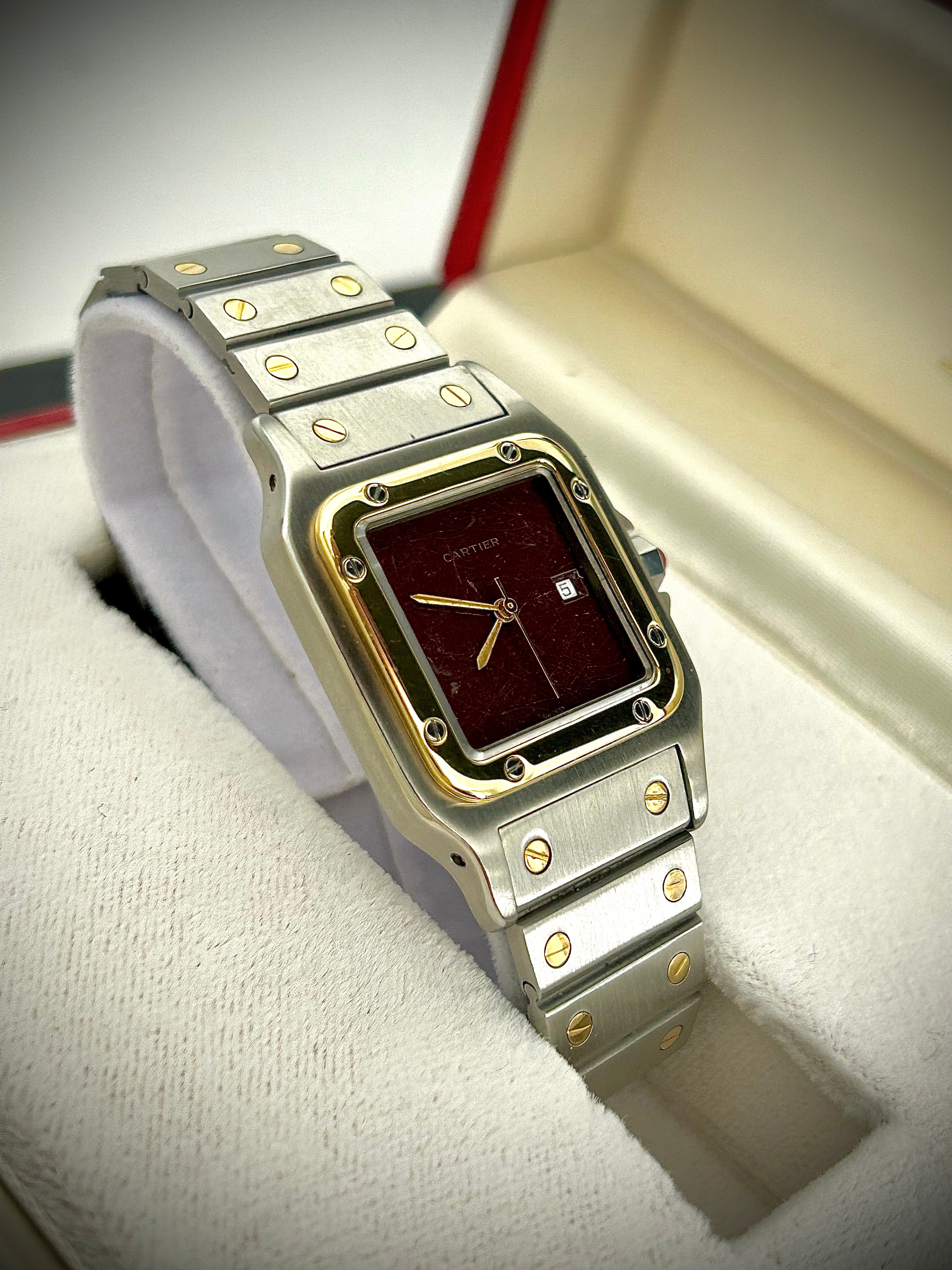 1982 CARTIER SANTOS CAREÉ, 2961, BURGUNDY SPIDER DIAL, WATCH AND BOX, INC GST