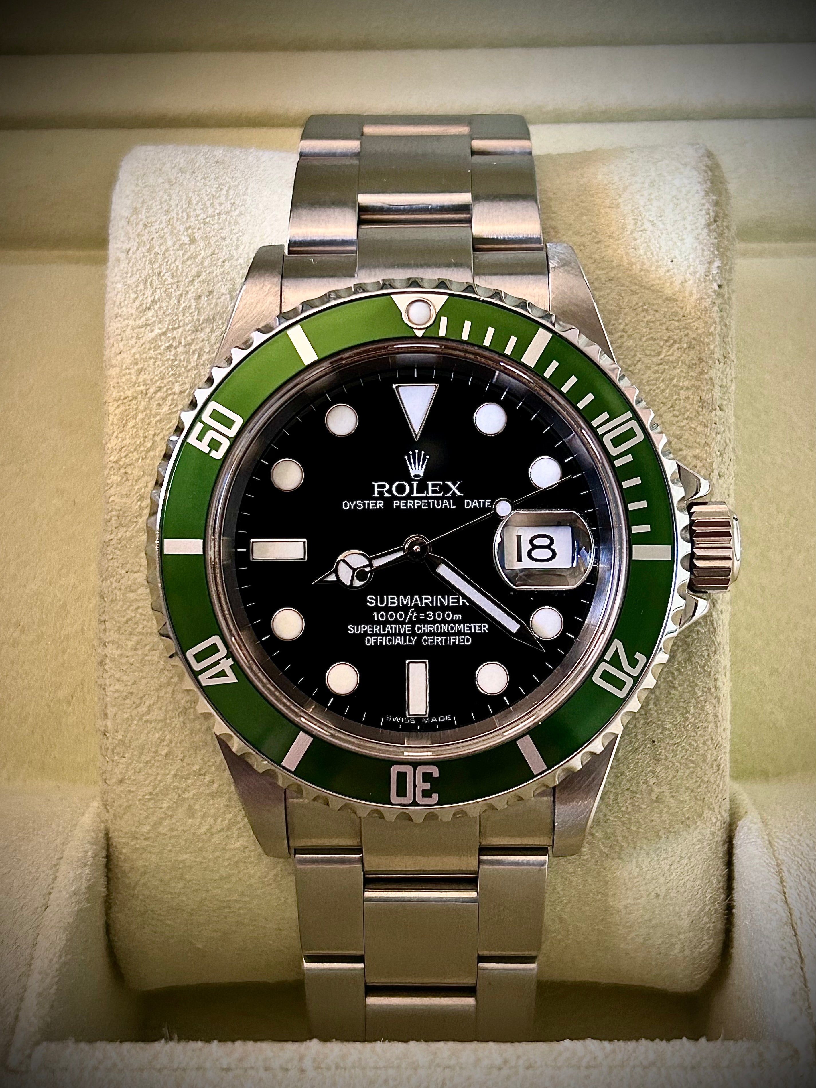 2007 ROLEX SUBMARINER DATE, KERMIT, 16610LV, FULL SET, WITH RSC, INC GST