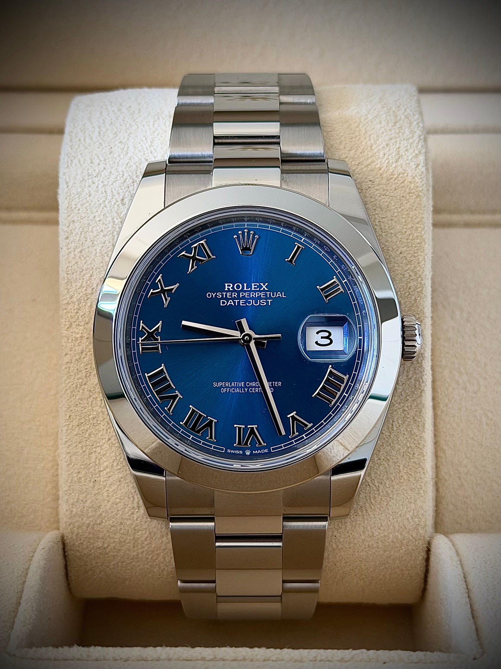 2023 ROLEX DATEJUST 41, AZZURO BLUE, 126300, AS NEW, FULL SET, INC GST