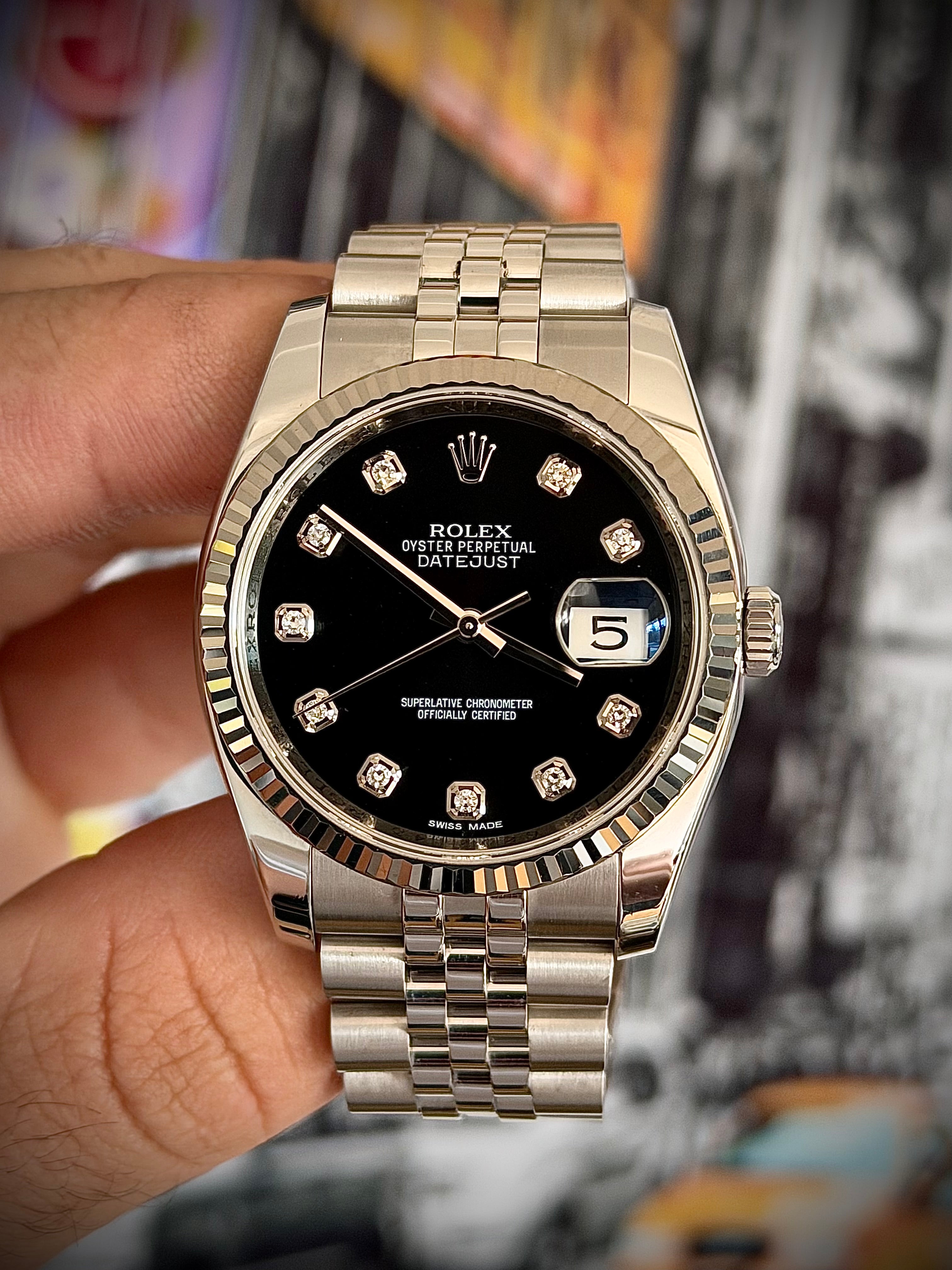2012 ROLEX DATEJUST 36, 116234, BLACK DIAMOND DIAL, FULL SET, INC GST