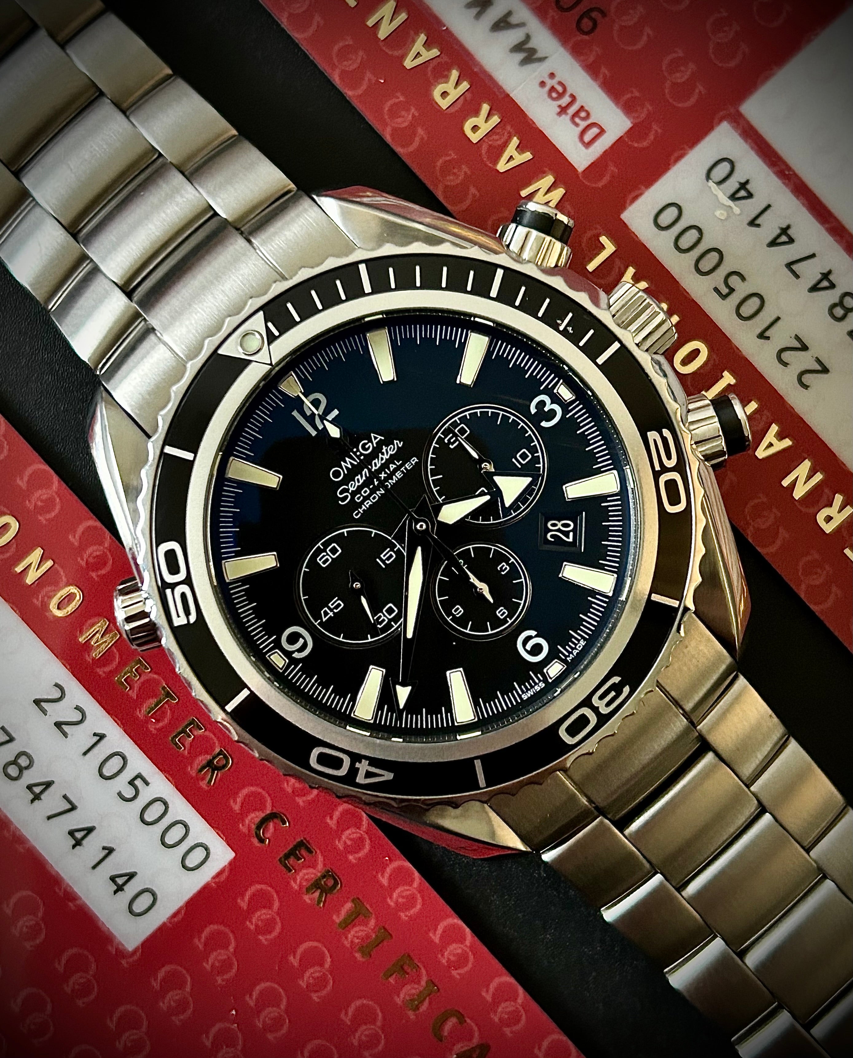 2010 OMEGA SEAMASTER PLANET OCEAN CHRONOGRAPH, 45.5MM, FULL SET, INC GST