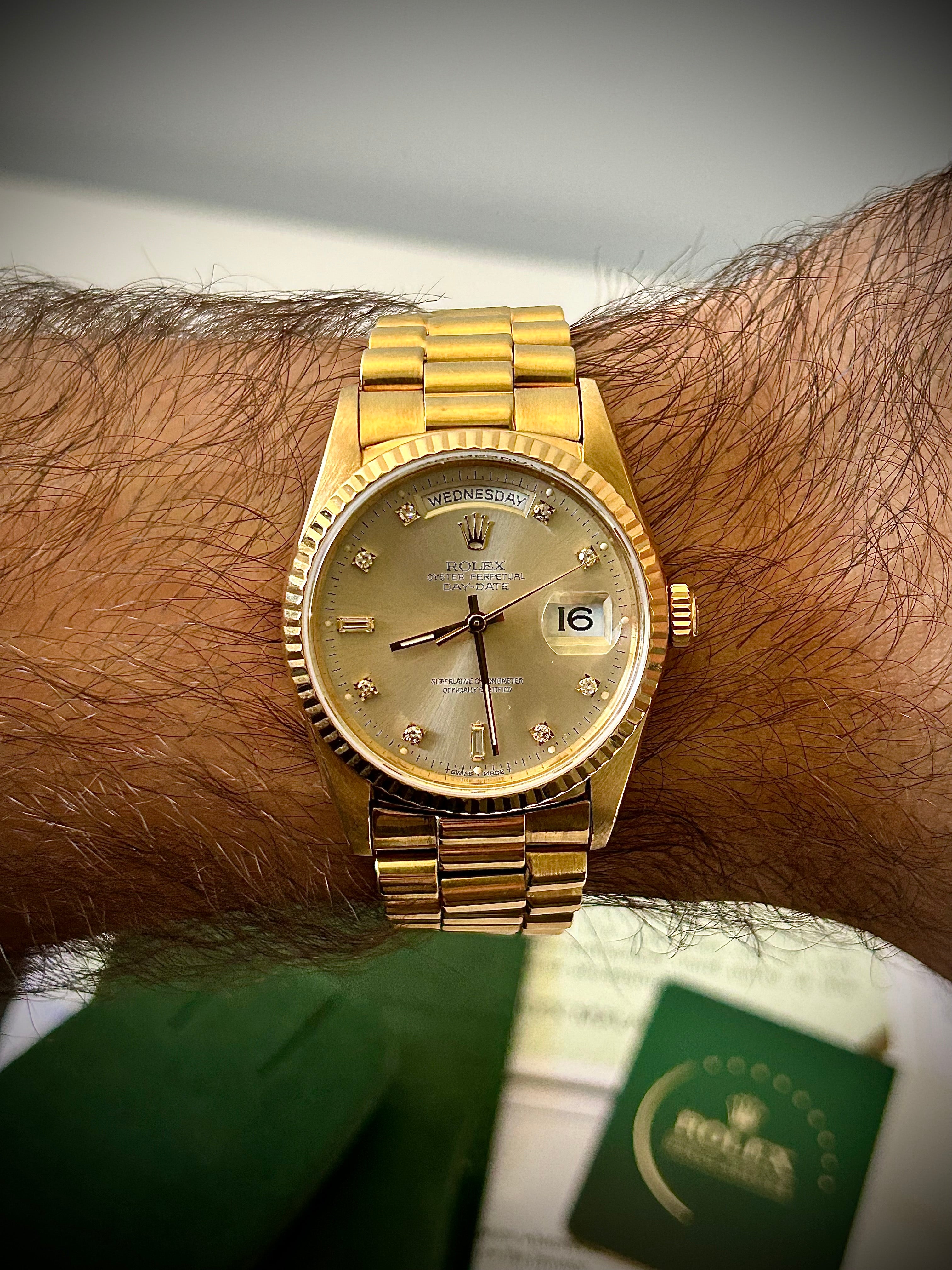 1990 ROLEX DAY-DATE, 18238, 2X RSC AND DIAMOND BEZEL, INC GST
