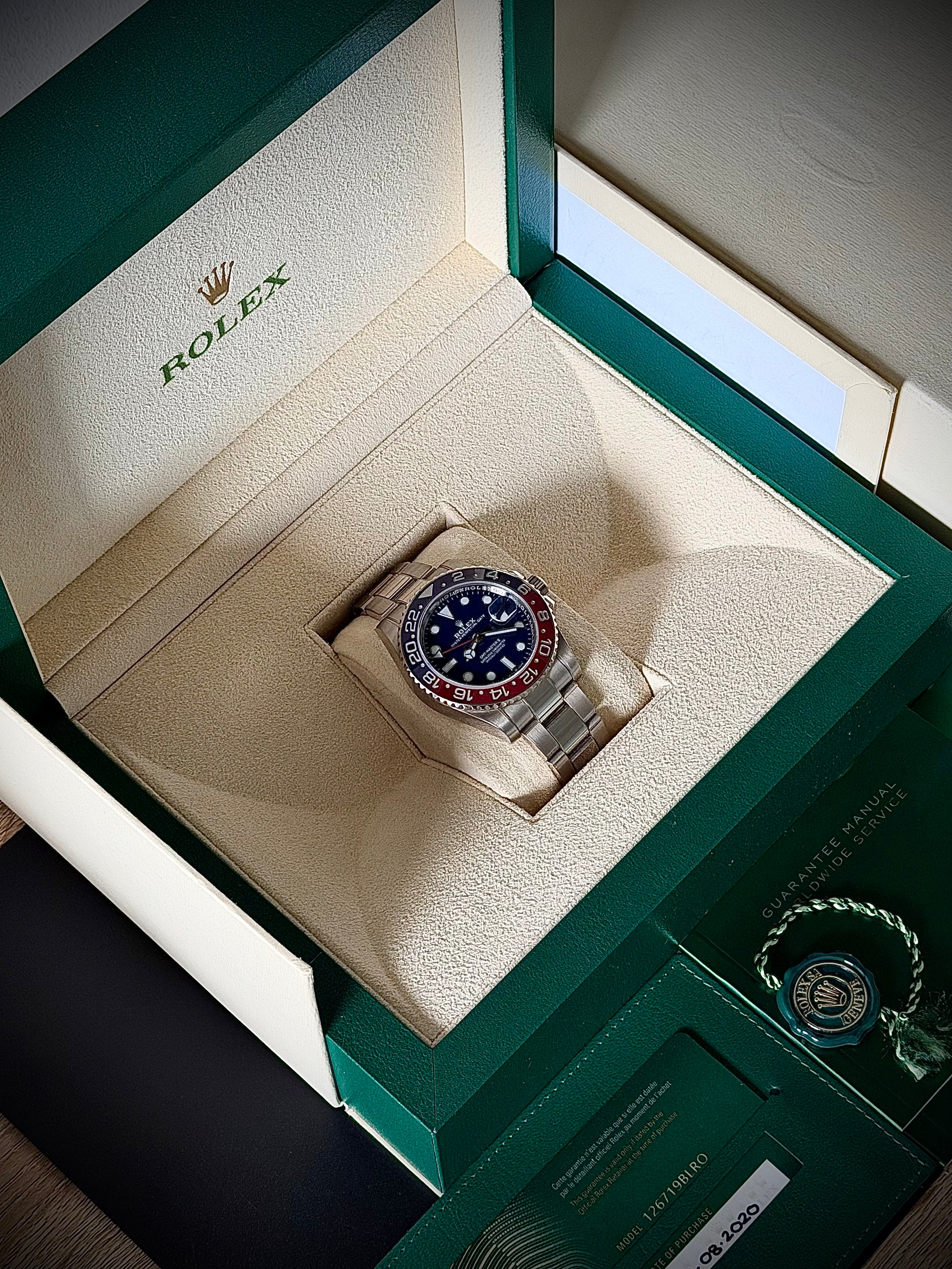 2020 ROLEX GMT MASTER II, PEPSI, WHITE GOLD, BLUE DIAL, 126719BLRO, FULL SET, INC GST