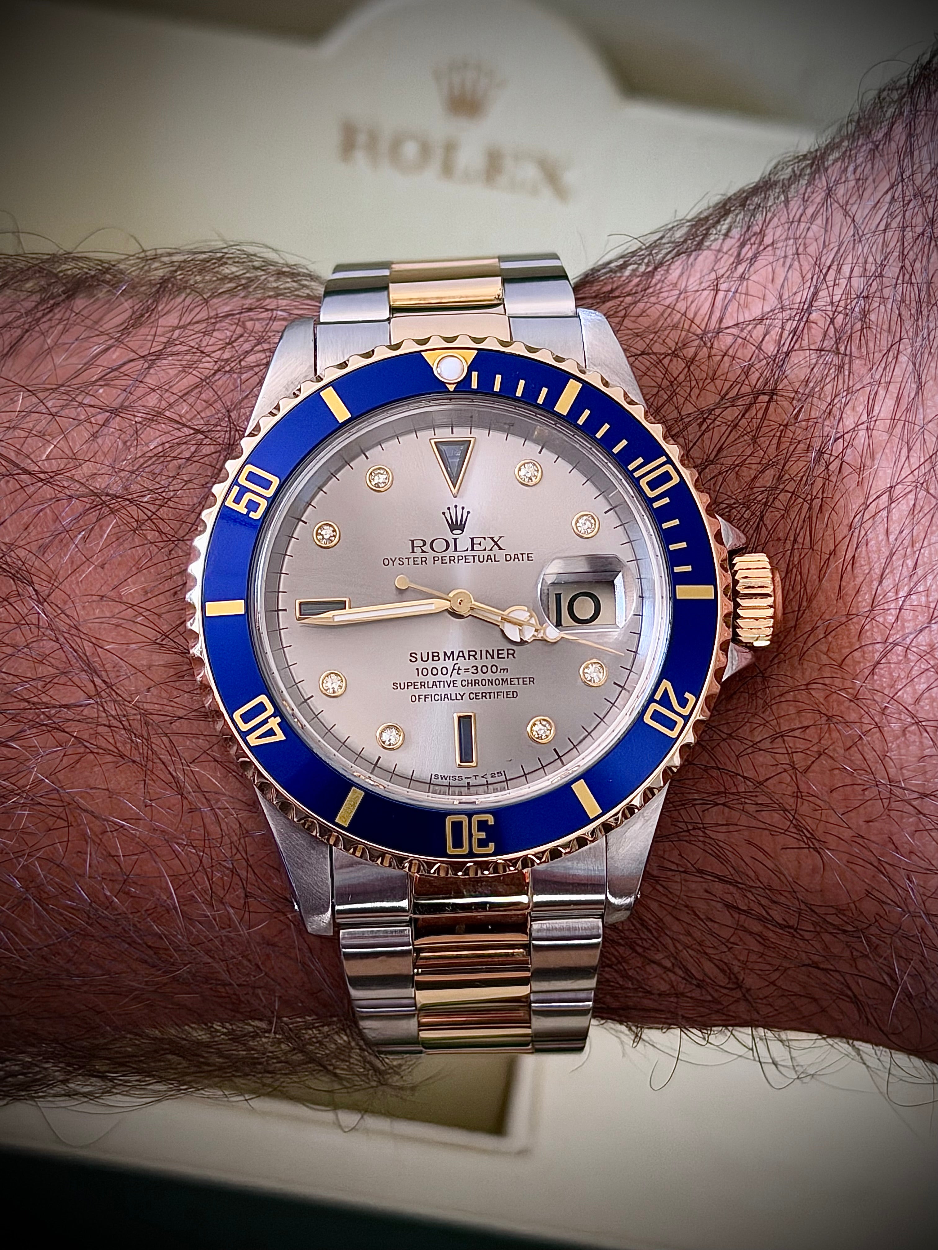 1996 ROLEX SUBMARINER, 16613, SERTI SILVER DIAMOND DIAL, BOX & 2020 RSC, INC GST