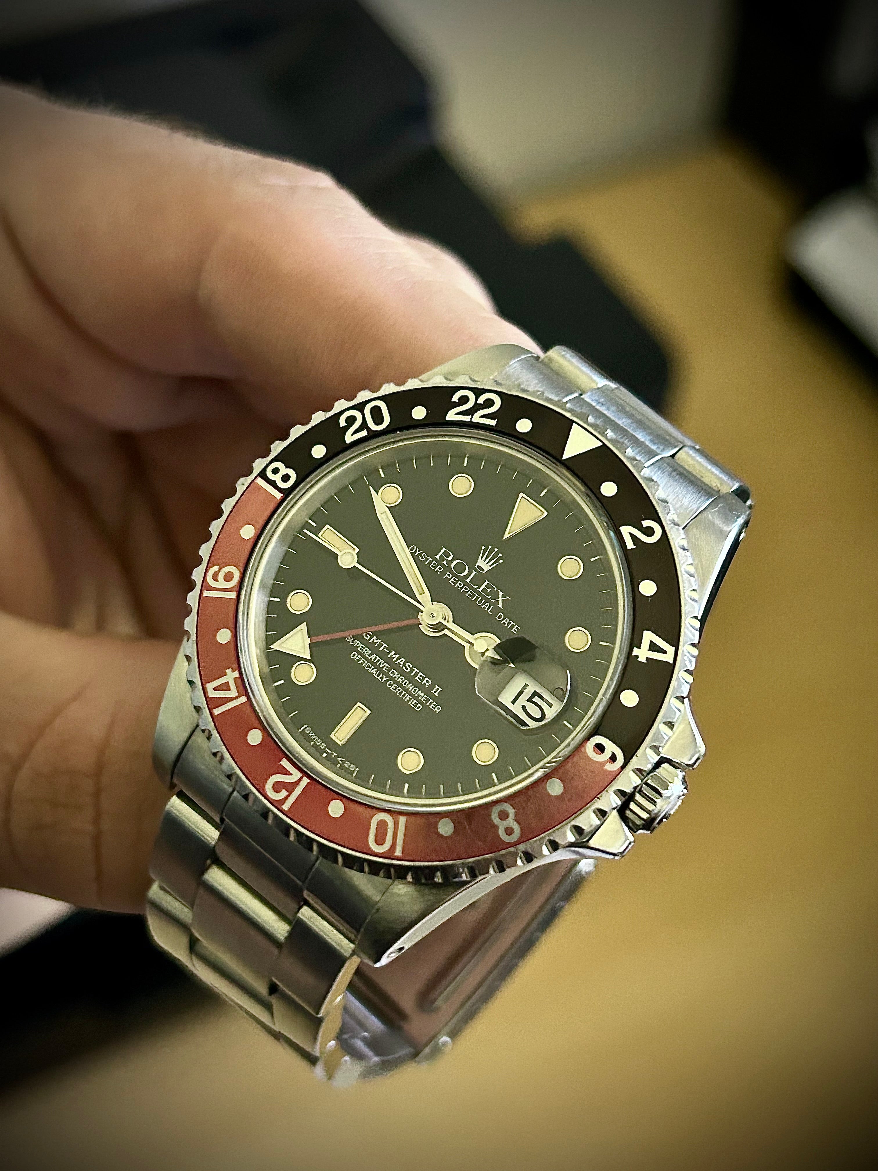 1991 ROLEX GMT MASTER II, FADED COKE BEZEL, PATINA, 16710, BOX AND BOOKLETS, INC GST