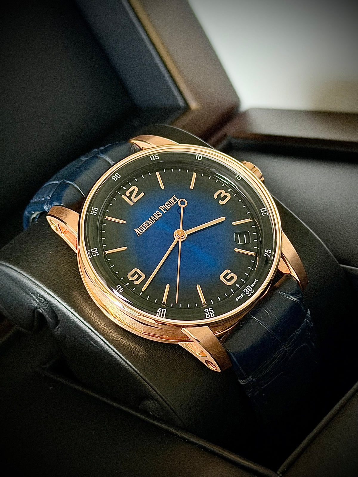 2023 AUDEMARS PIGUET CODE 11.59 SELFWINDING, 15210OR.OO.A028CR.01, 18CT PINK GOLD, SMOKED BLUE DIAL, FULL SET, INC GST