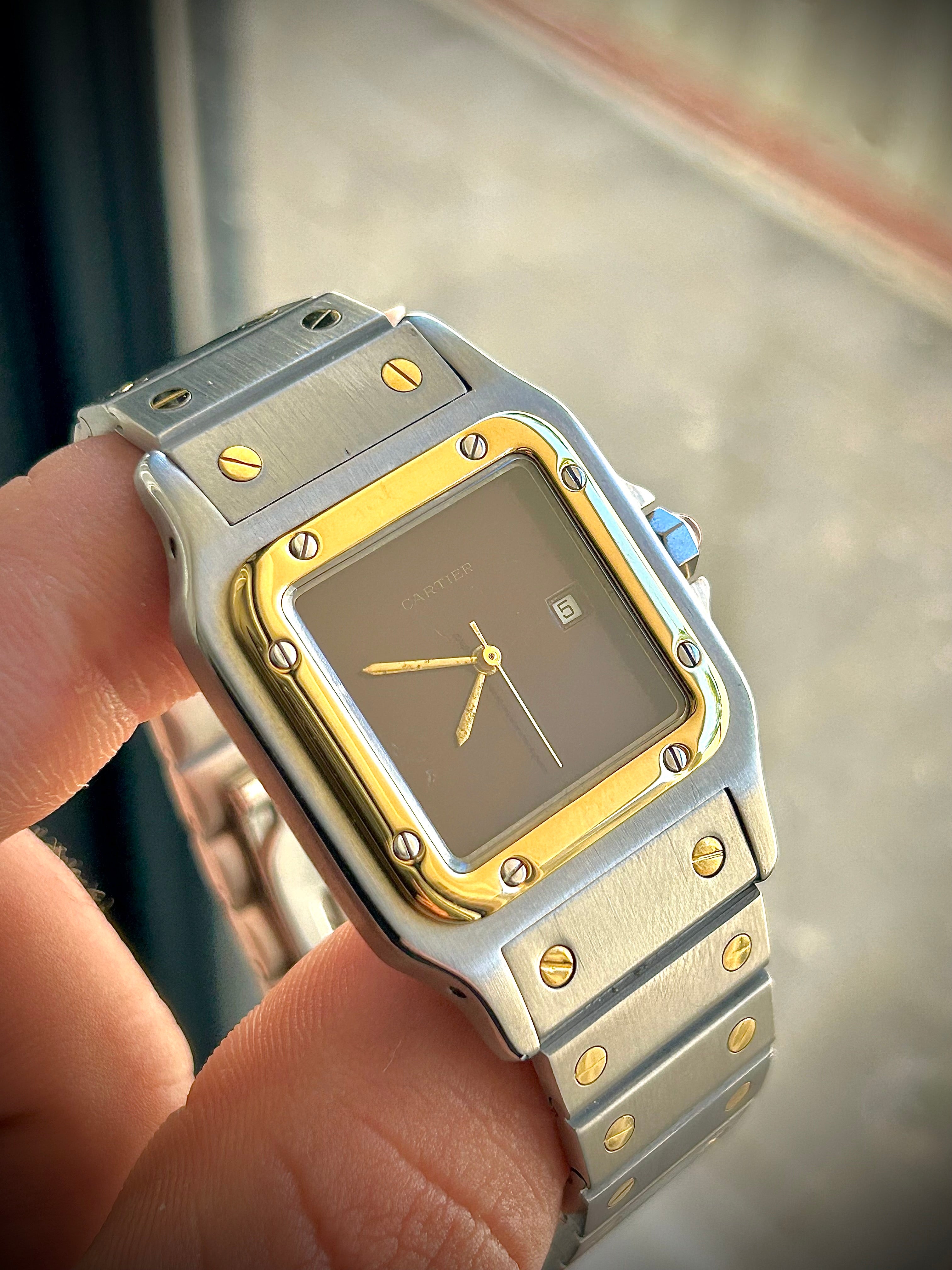 1982 CARTIER SANTOS CAREÉ, 2961, BURGUNDY SPIDER DIAL, WATCH AND BOX, INC GST