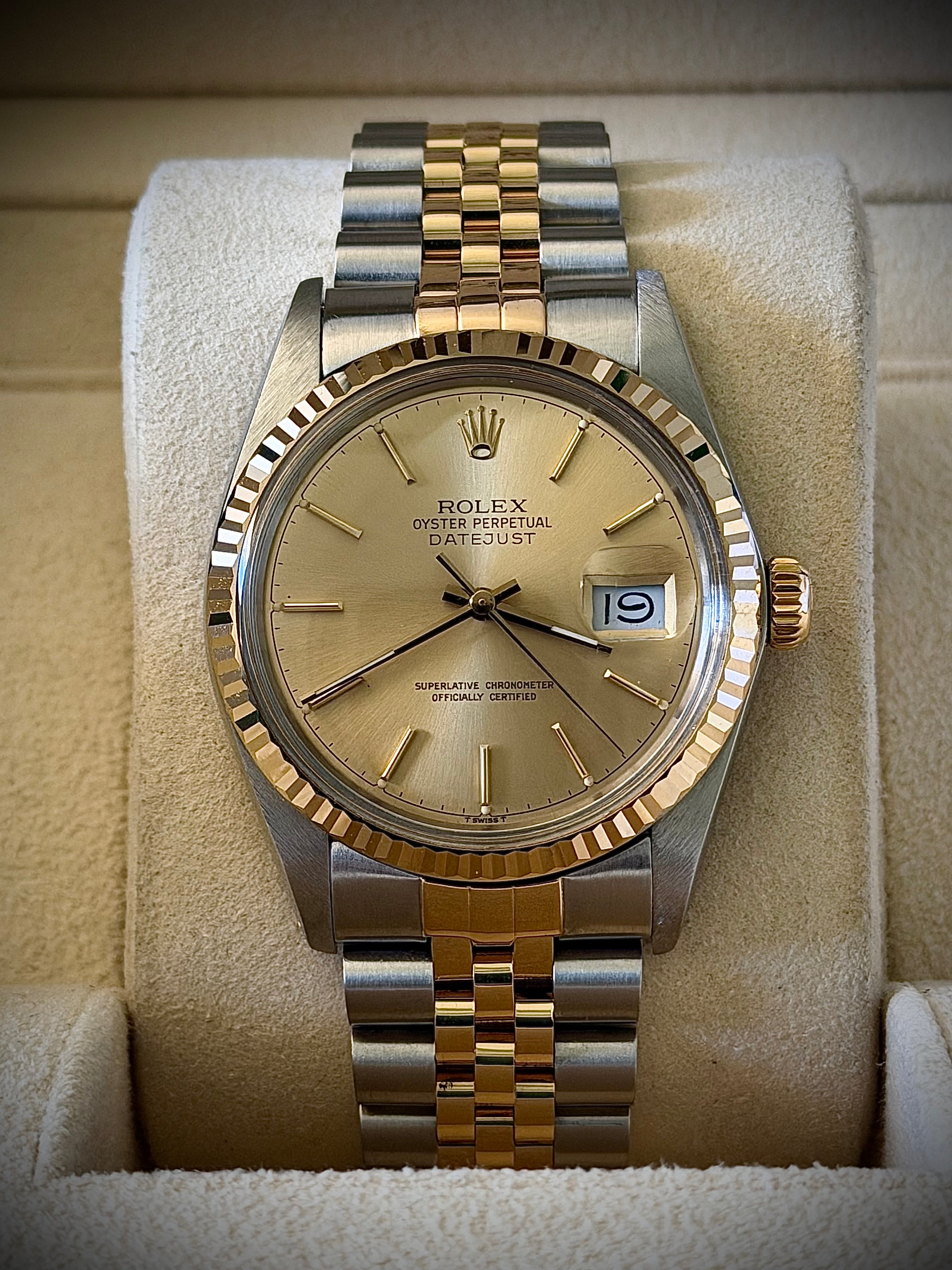 1987 ROLEX DATEJUST 36, 16013, CHAMPAGNE DIAL, FLUTED BEZEL, JUBILEE BRACELET, WATCH ONLY, INC GST