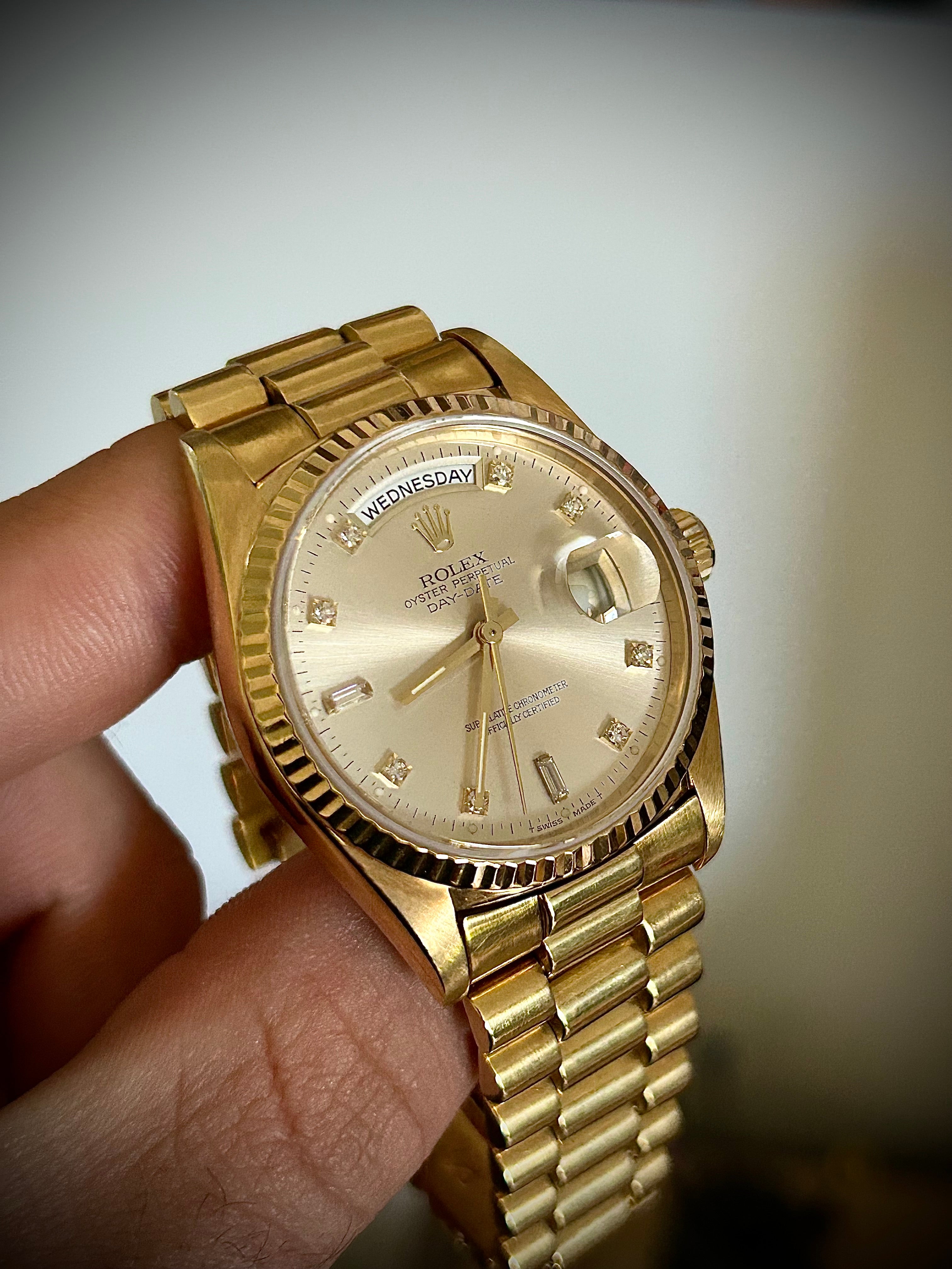 1990 ROLEX DAY-DATE, 18238, 2X RSC AND DIAMOND BEZEL, INC GST