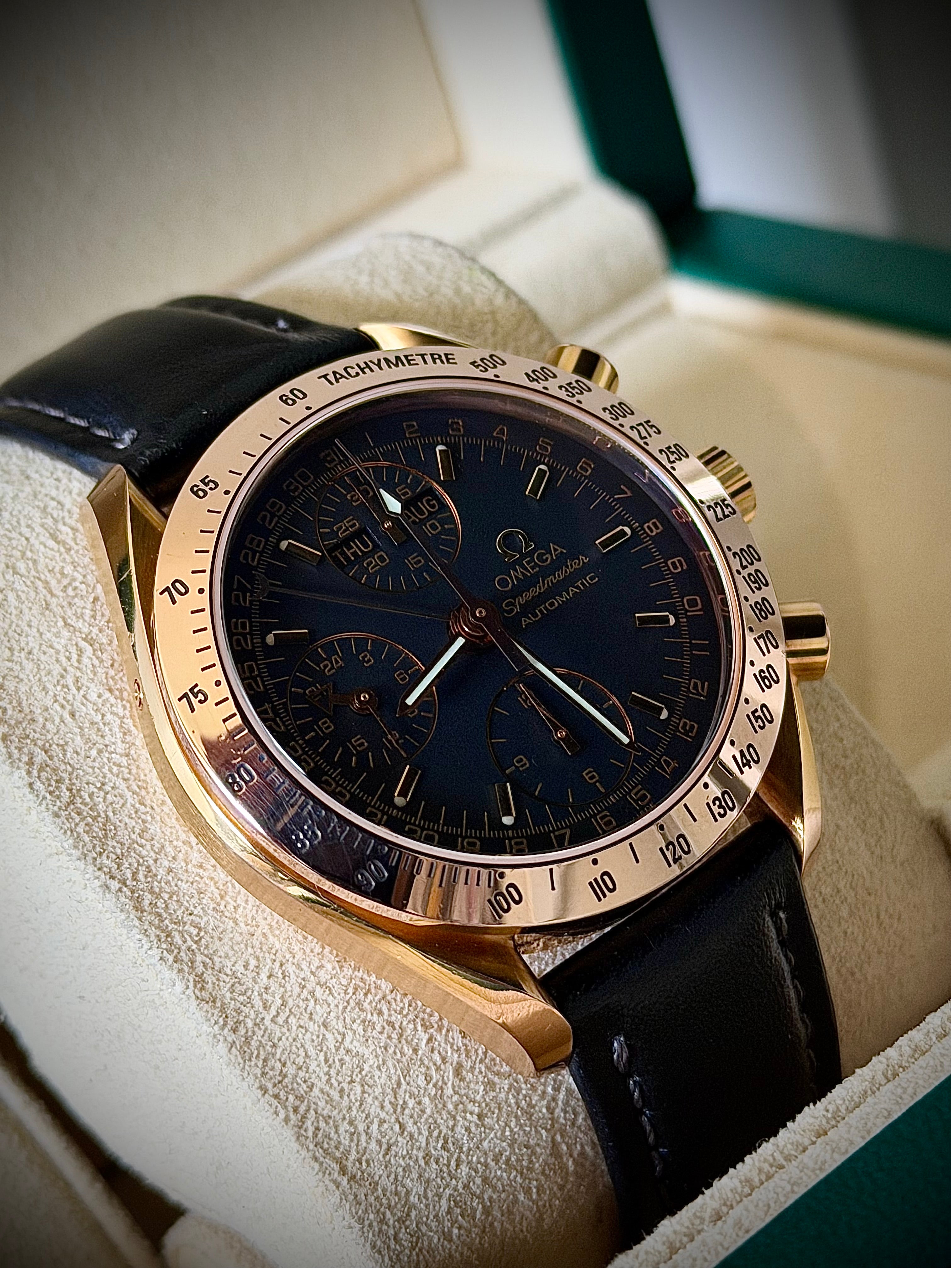 1999 OMEGA SPEEDMASTER DAY-DATE, 3623.50.01, 18CT ROSE GOLD, FULL SET, INC GST