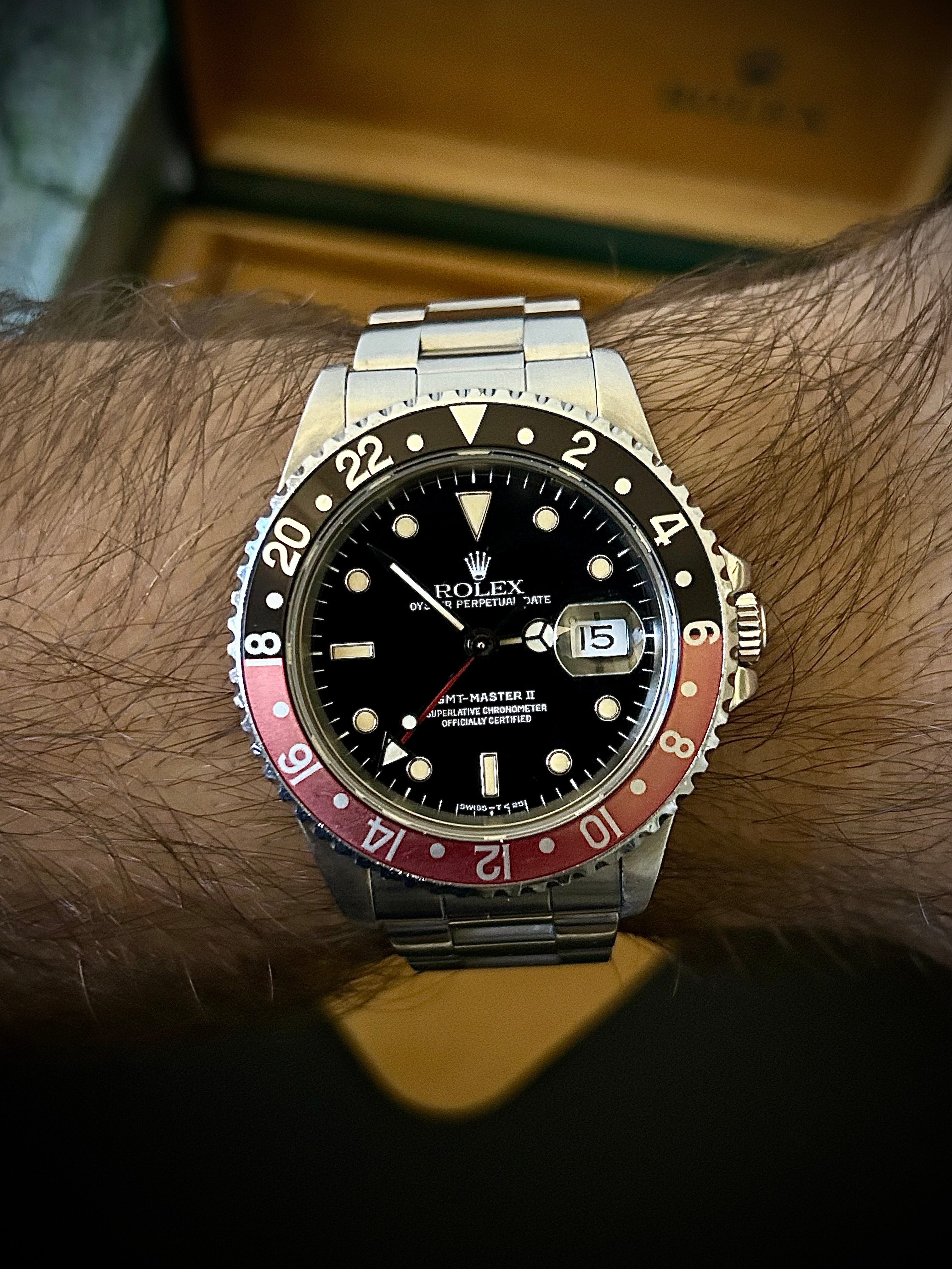 1991 ROLEX GMT MASTER II, FADED COKE BEZEL, PATINA, 16710, BOX AND BOOKLETS, INC GST