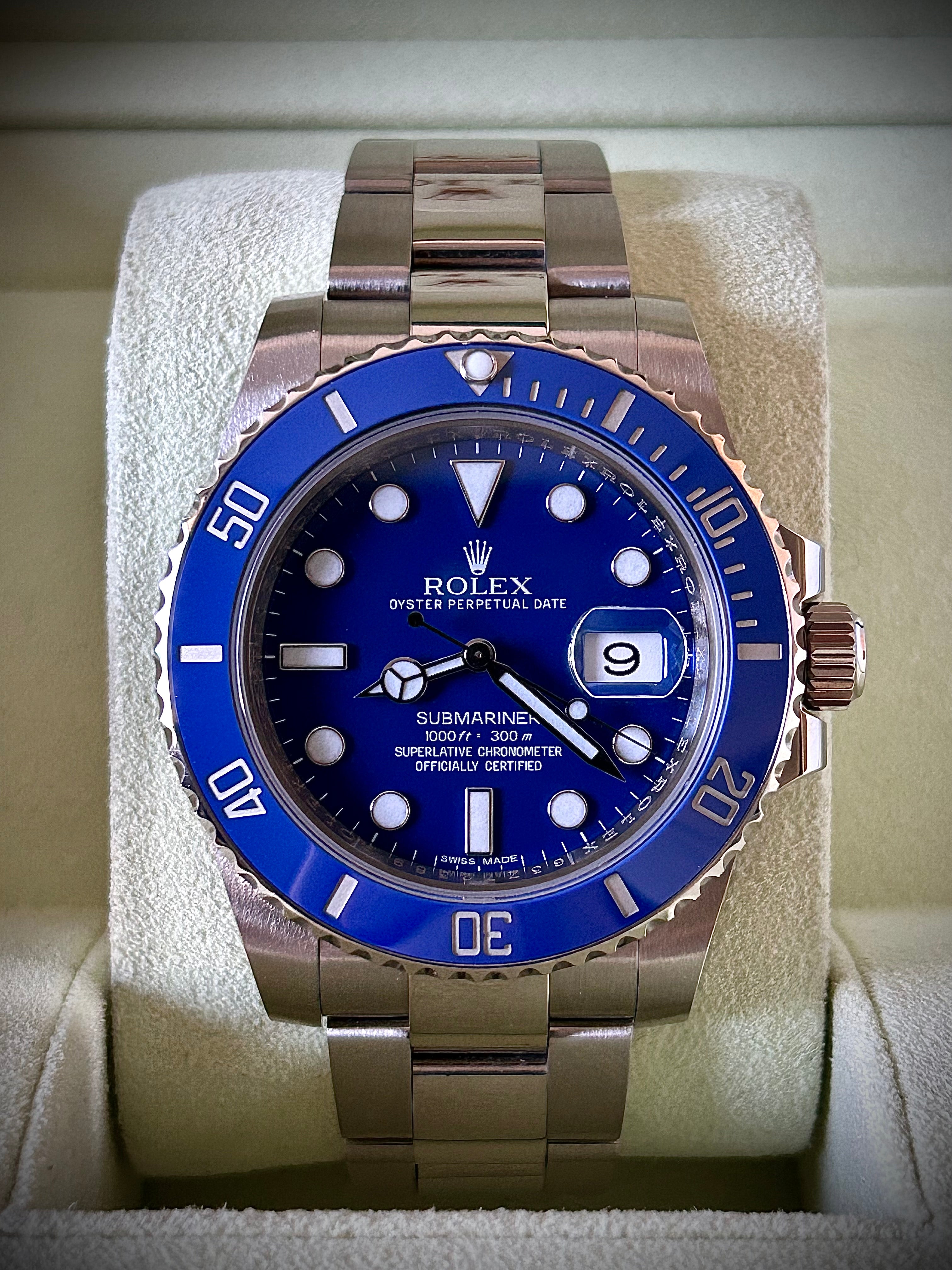 2013 ROLEX SUBMARINER DATE, 116619LB, SMURF, FULL SET, INC GST