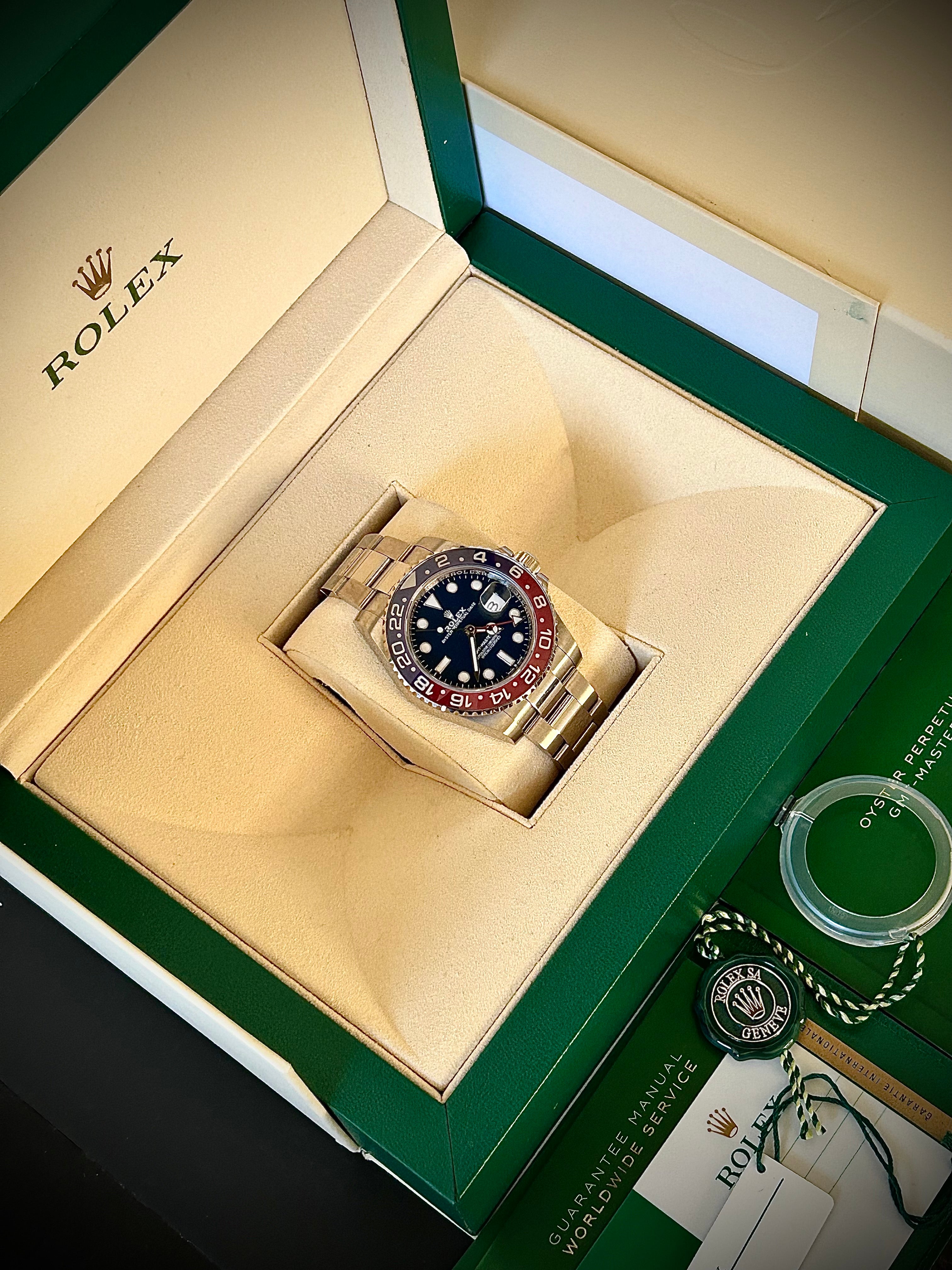 2019 ROLEX GMT MASTER II, PEPSI, WHITE GOLD, BLUE DIAL, 126719BLRO, FULL SET, INC GST