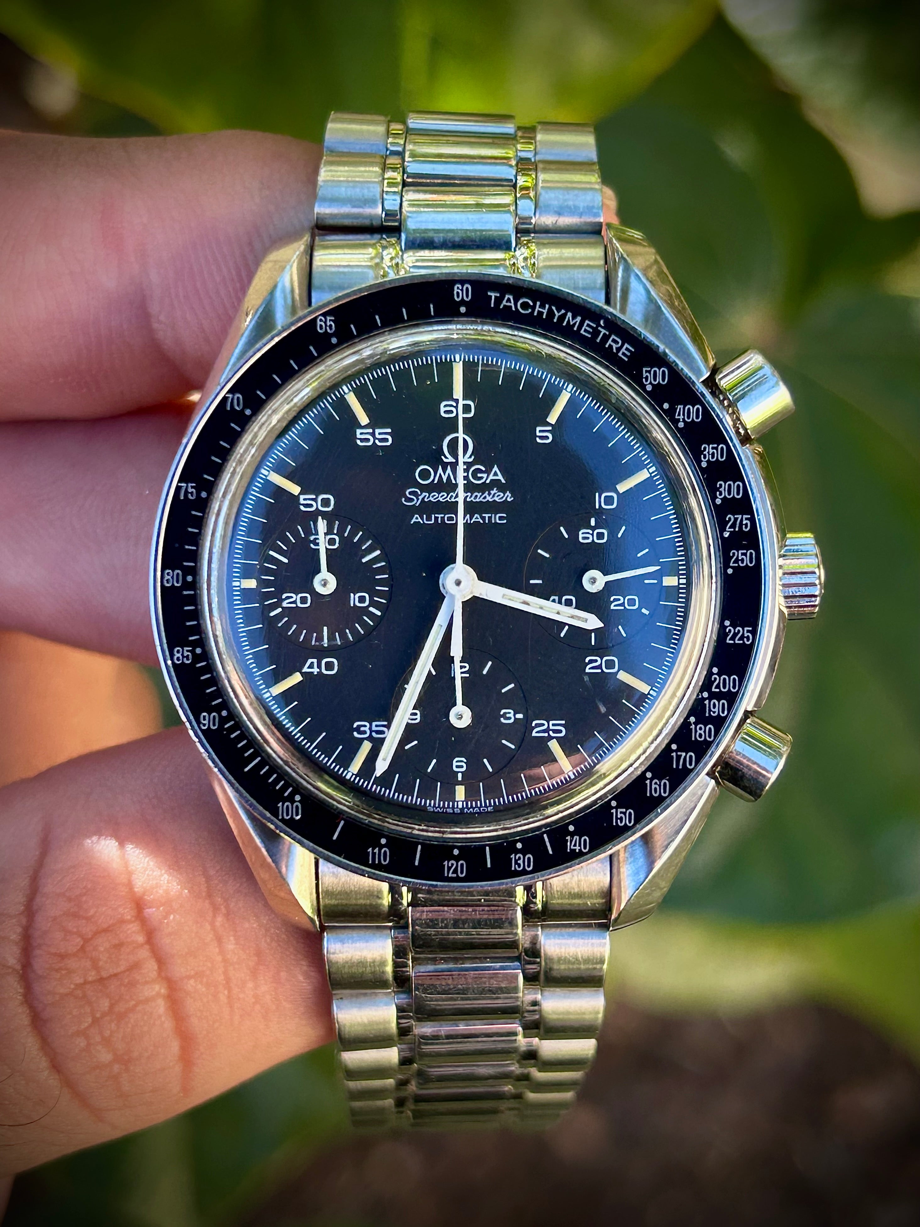 1996 OMEGA SPEEDMASTER REDUCED, WITH BOX, INC GST