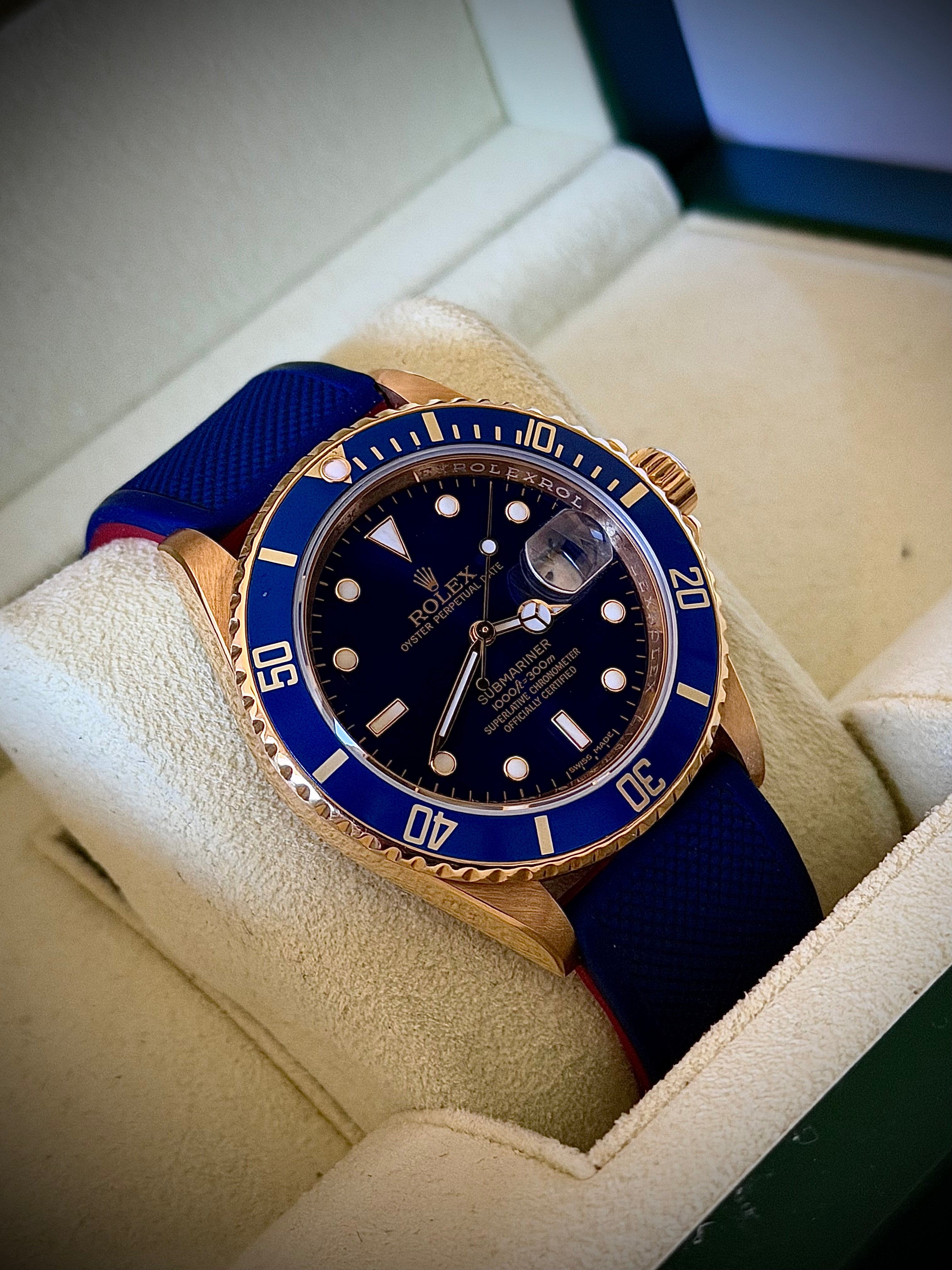 2007 ROLEX SUBMARINER DATE, 16618LB, ENGRAVED REHAUT, BOX AND PAPERS, INC GST