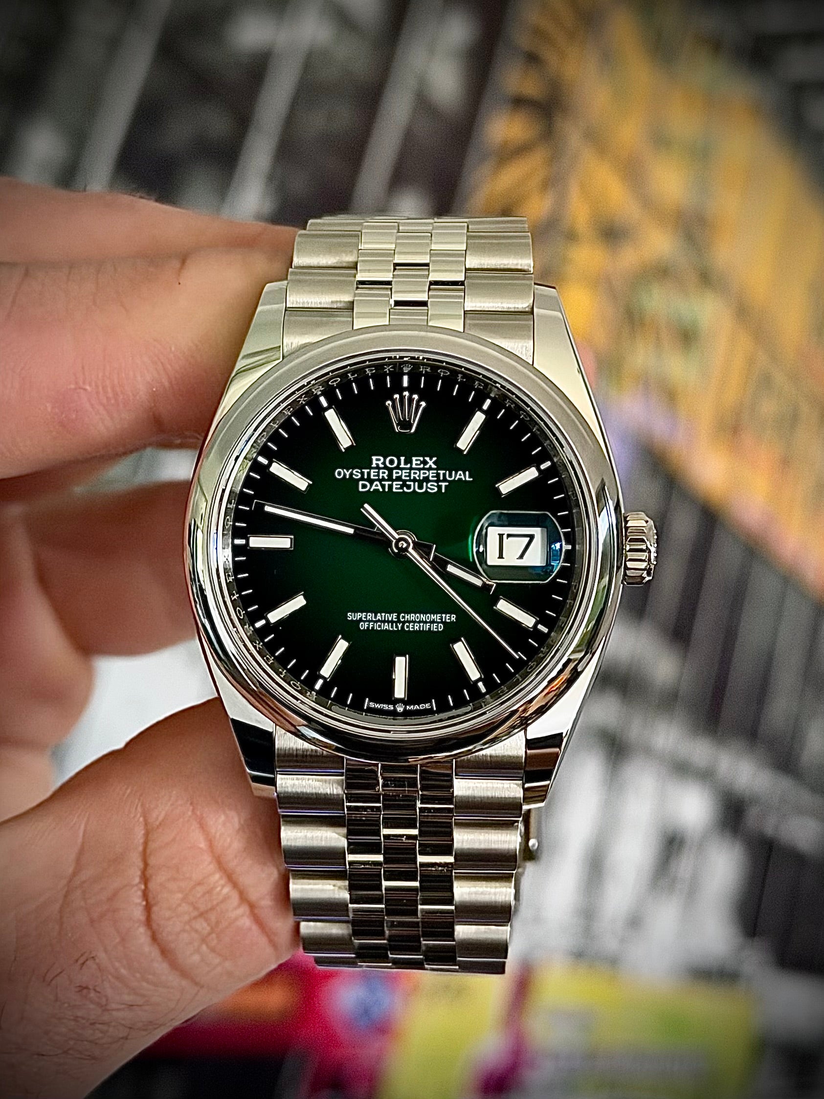 2026 ROLEX DATEJUST 36, 126200, GREEN OMBRÉ DIAL, SMOOTH BEZEL, JUBILEE BRACELET, AS NEW, FULL SET, INC GST