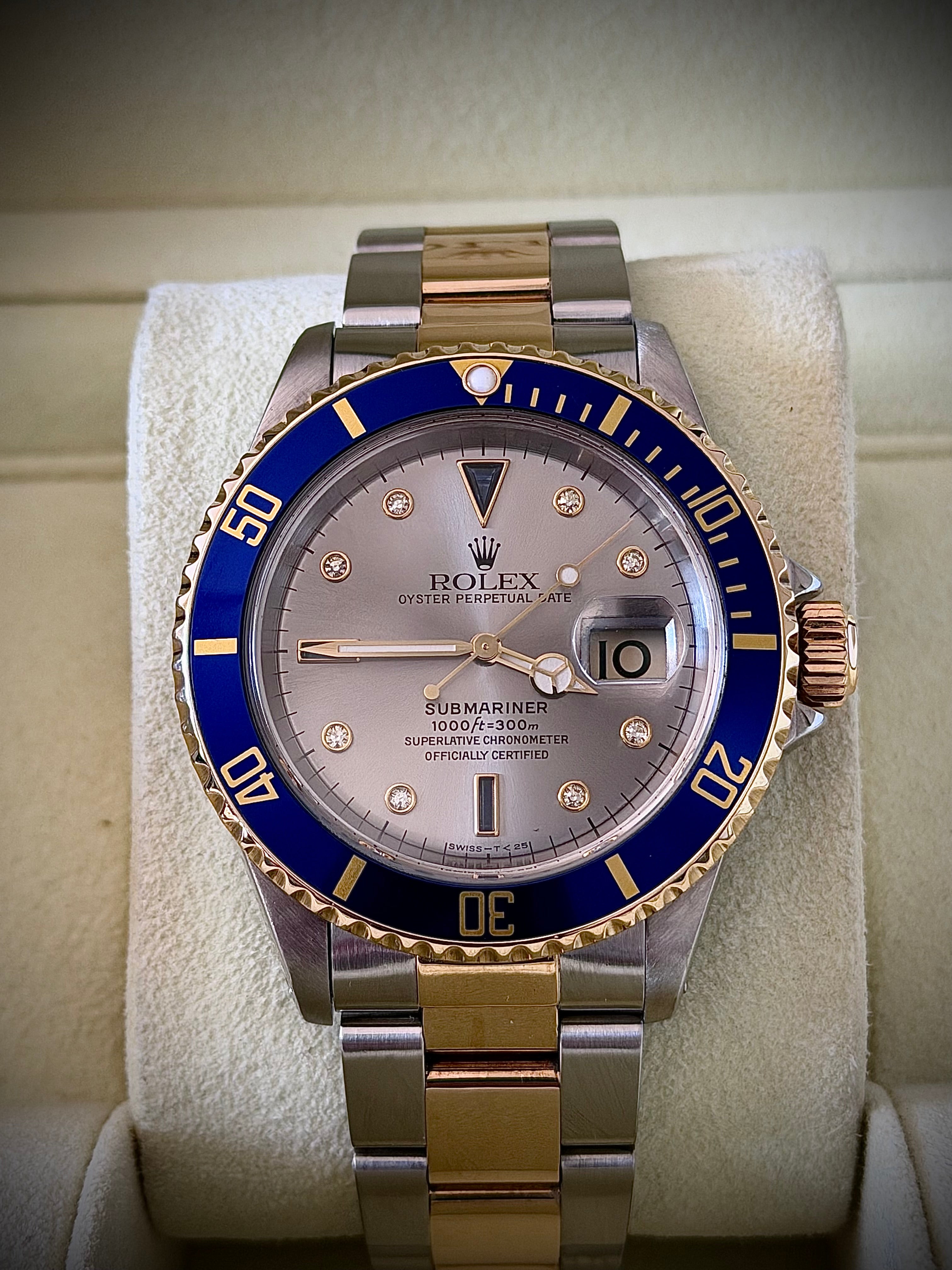 1996 ROLEX SUBMARINER, 16613, SERTI SILVER DIAMOND DIAL, BOX & 2020 RSC, INC GST