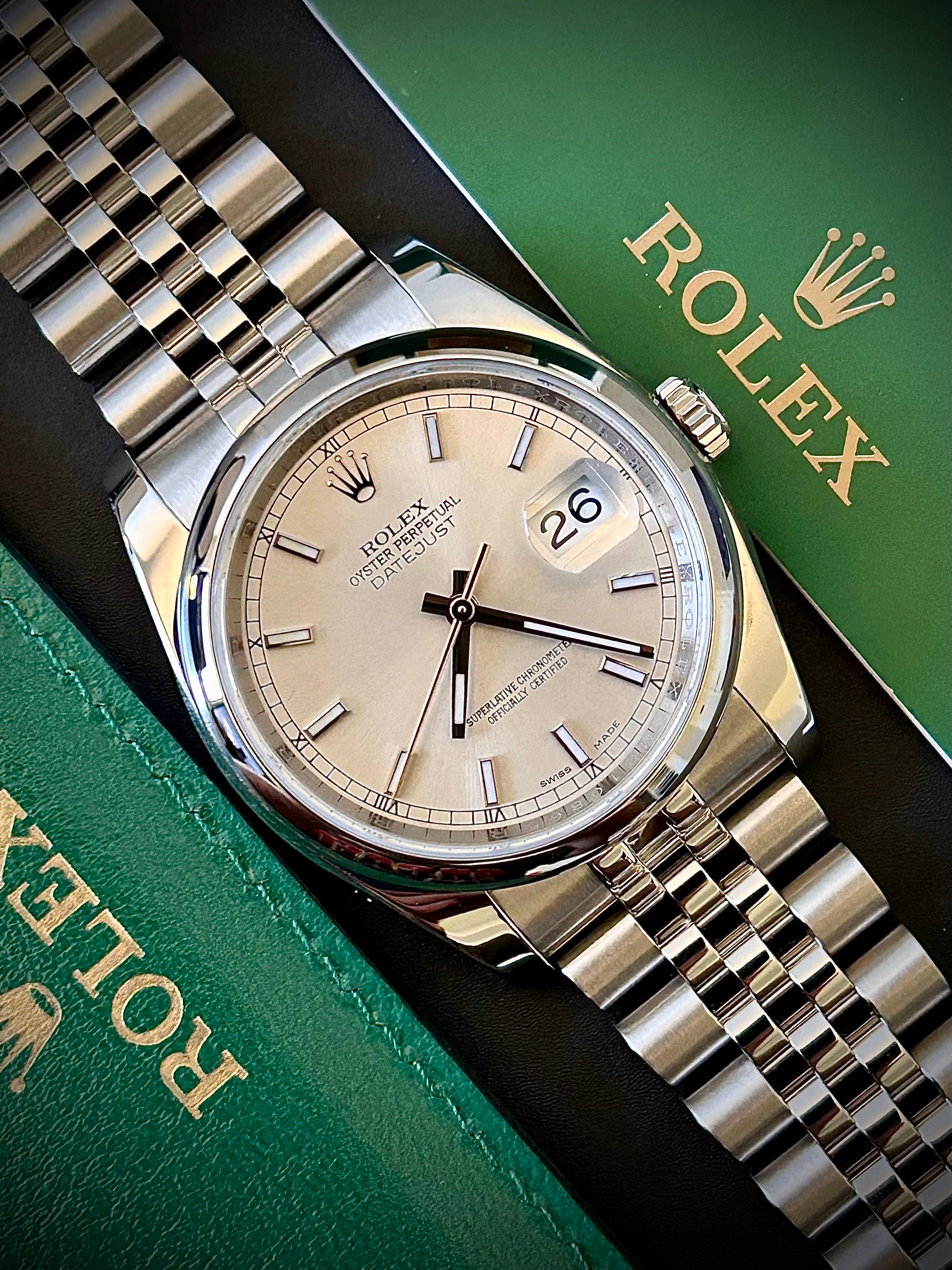 2015 ROLEX DATE JUST 36, SUPER JUBILEE, 116200, BOX AND PAPERS, INC GST