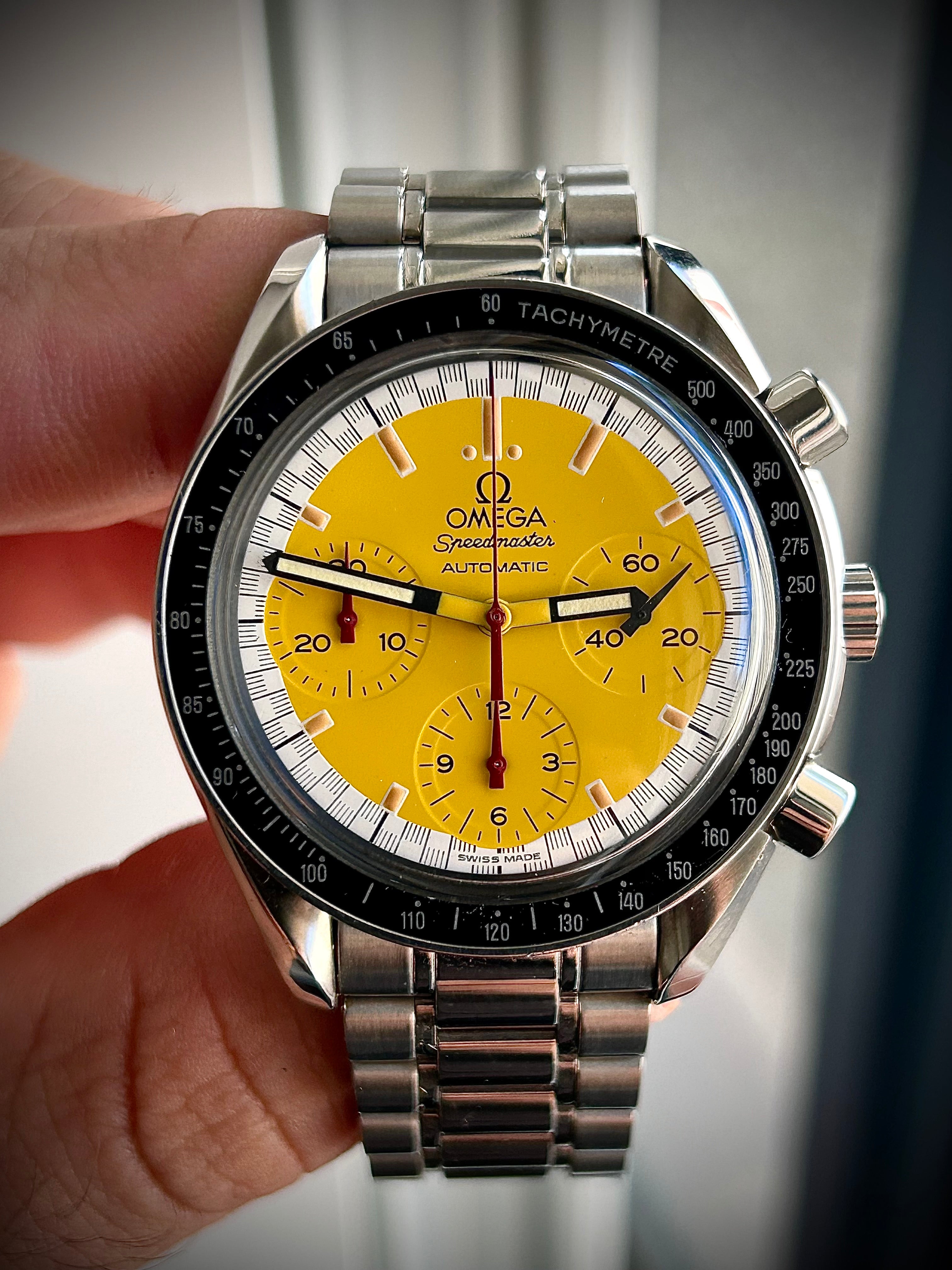 1998 OMEGA SPEEDMASTER REDUCED YELLOW SCHUMACHER, FULL SET, INC GST