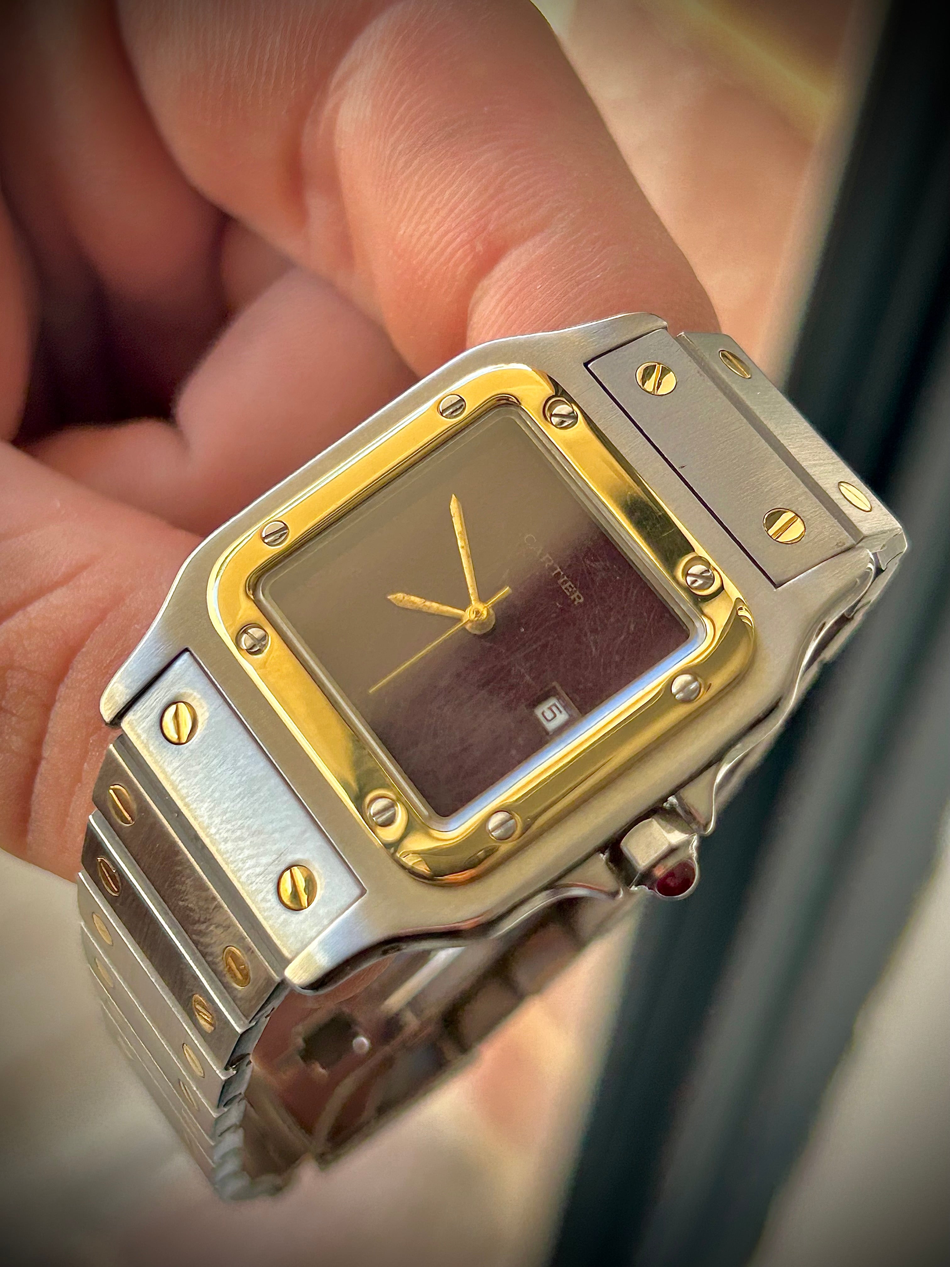 1982 CARTIER SANTOS CAREÉ, 2961, BURGUNDY SPIDER DIAL, WATCH AND BOX, INC GST