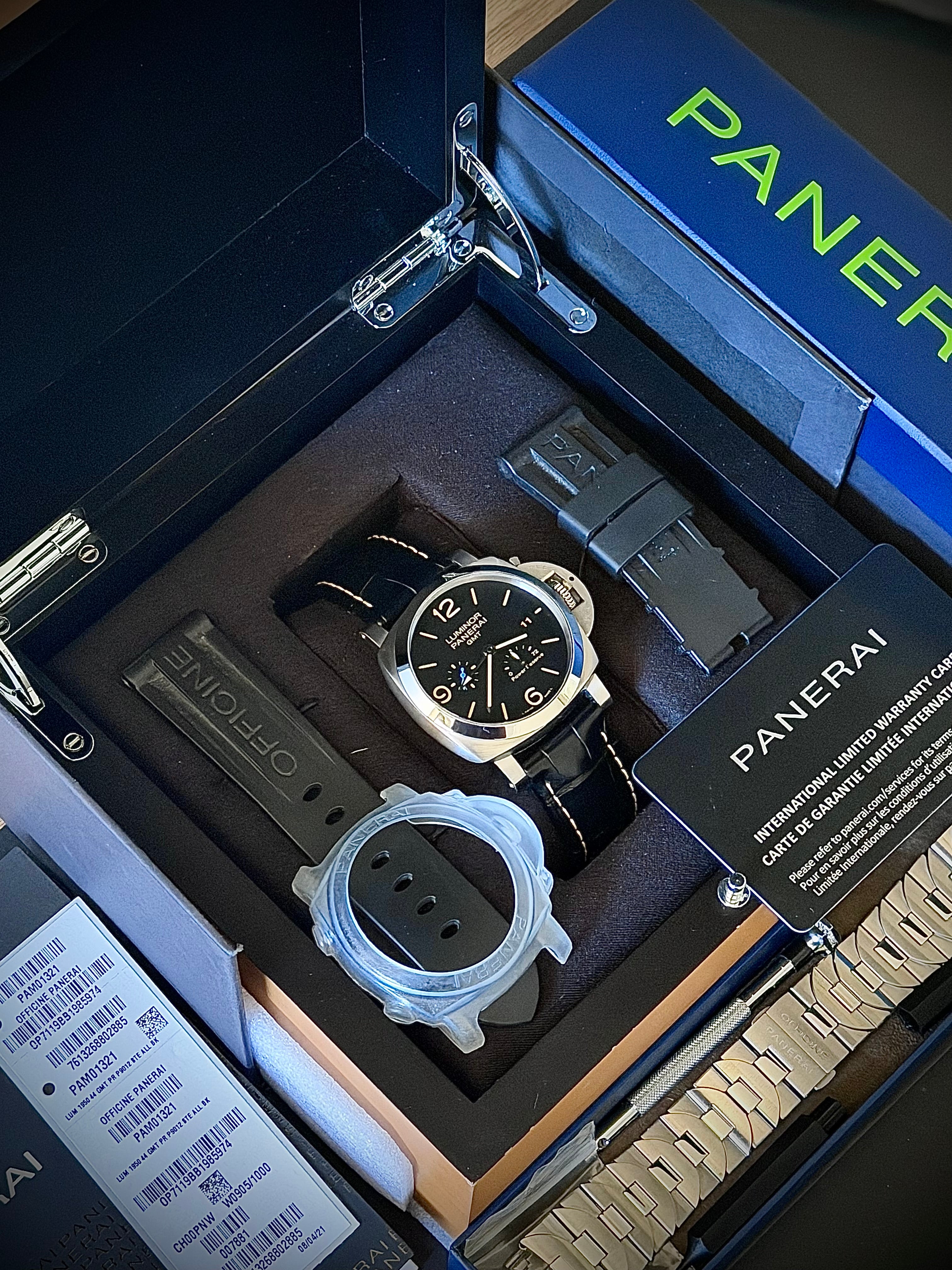 2021 PANERAI LUMINOR 1950 3 DAYS GMT POWER RESERVE, PAM01321, OEM BRACELET + ORIGINAL INVOICE, INC GST