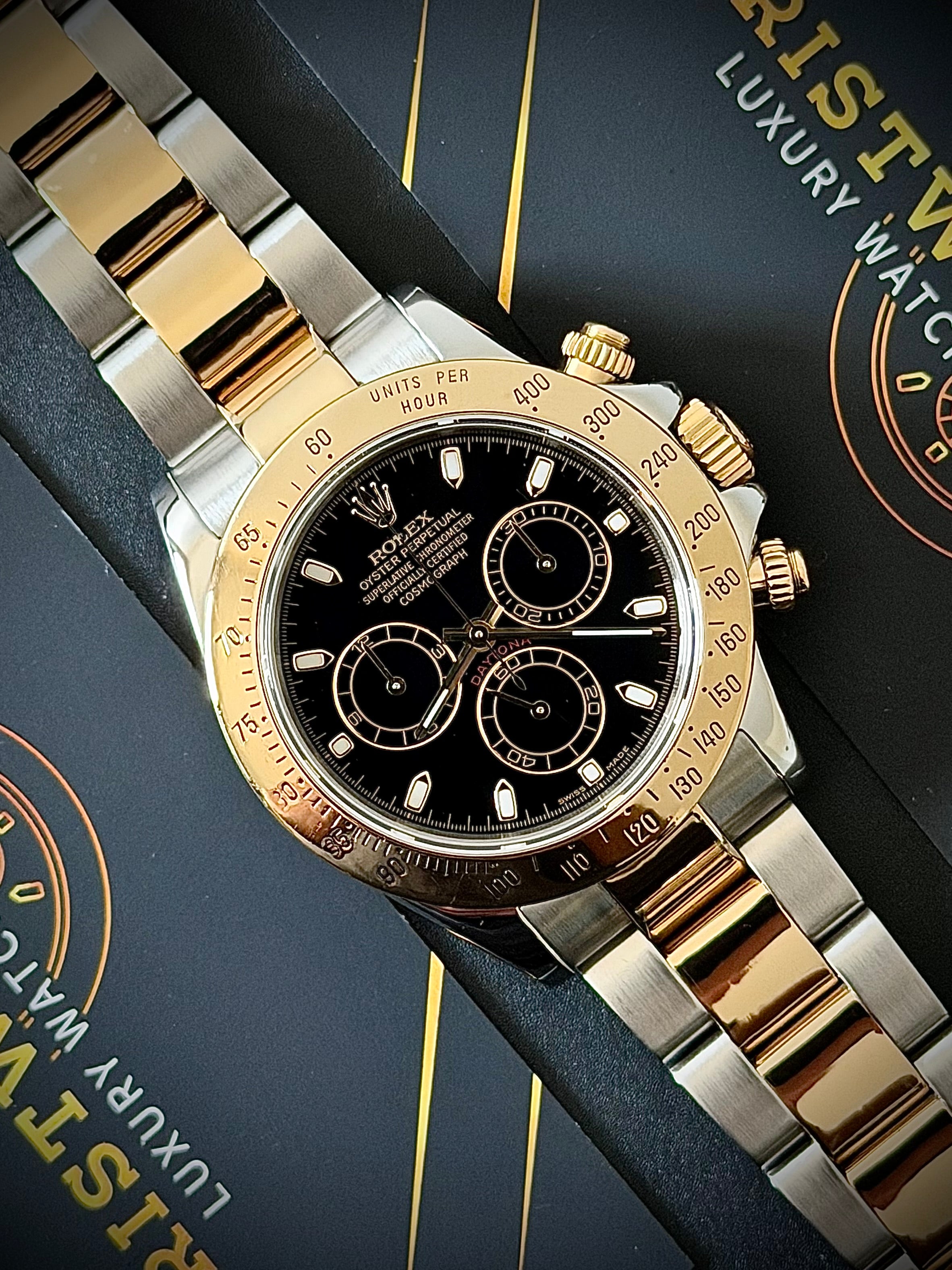 2002 ROLEX COSMOGRAPH DAYTONA, BLACK DIAL, TWO TONE, 116523, WATCH ONLY, INC GST