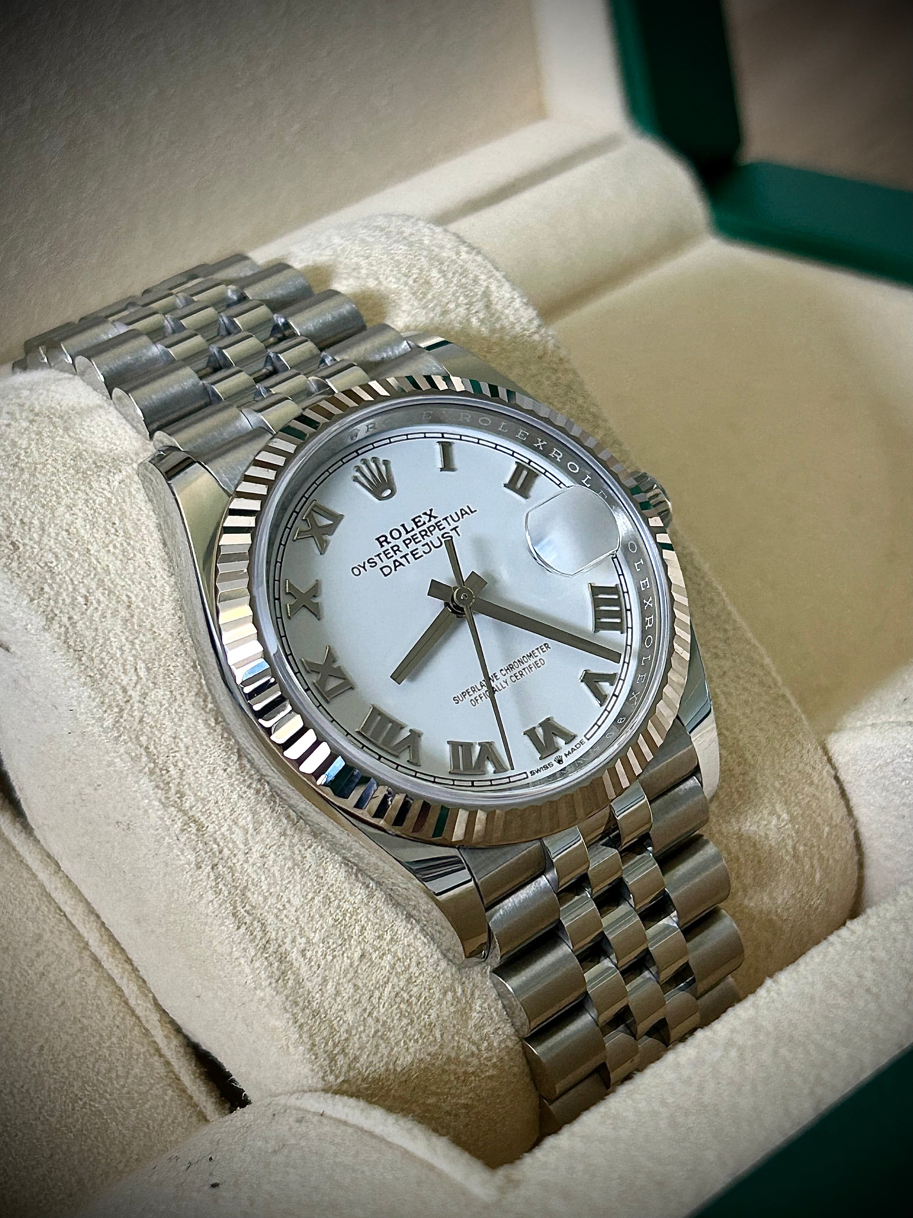 2023 ROLEX DATEJUST 36, 126234, WHITE ROMAN DIAL, BOX AND PAPERS, INC GST