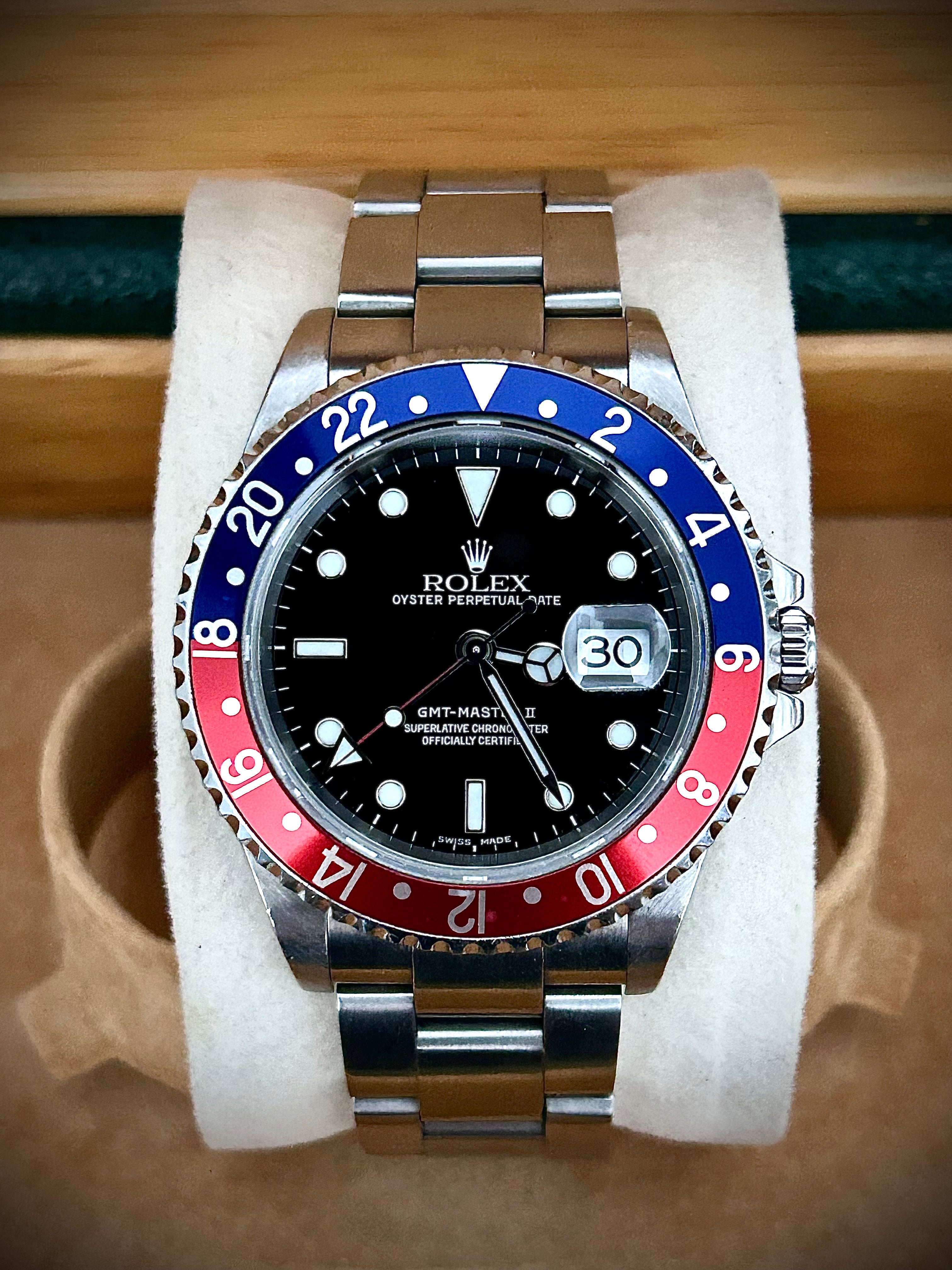2002 ROLEX GMT MASTER II, PEPSI, 16710, BOX AND BOOKLETS, INC GST