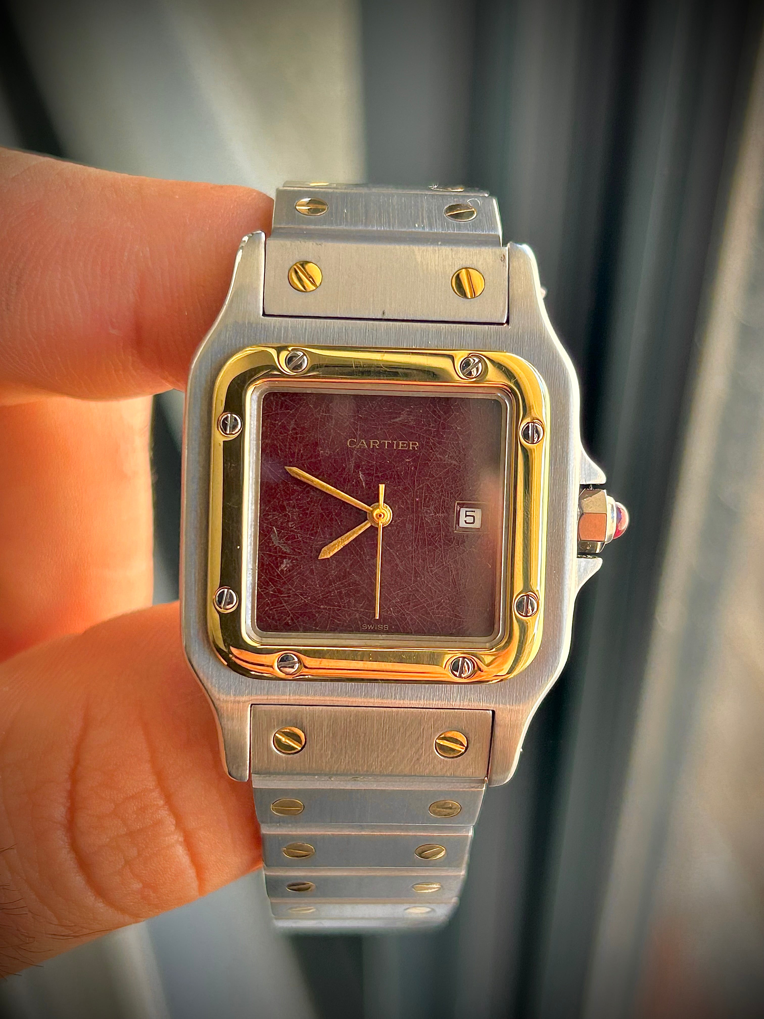 1982 CARTIER SANTOS CAREÉ, 2961, BURGUNDY SPIDER DIAL, WATCH AND BOX, INC GST