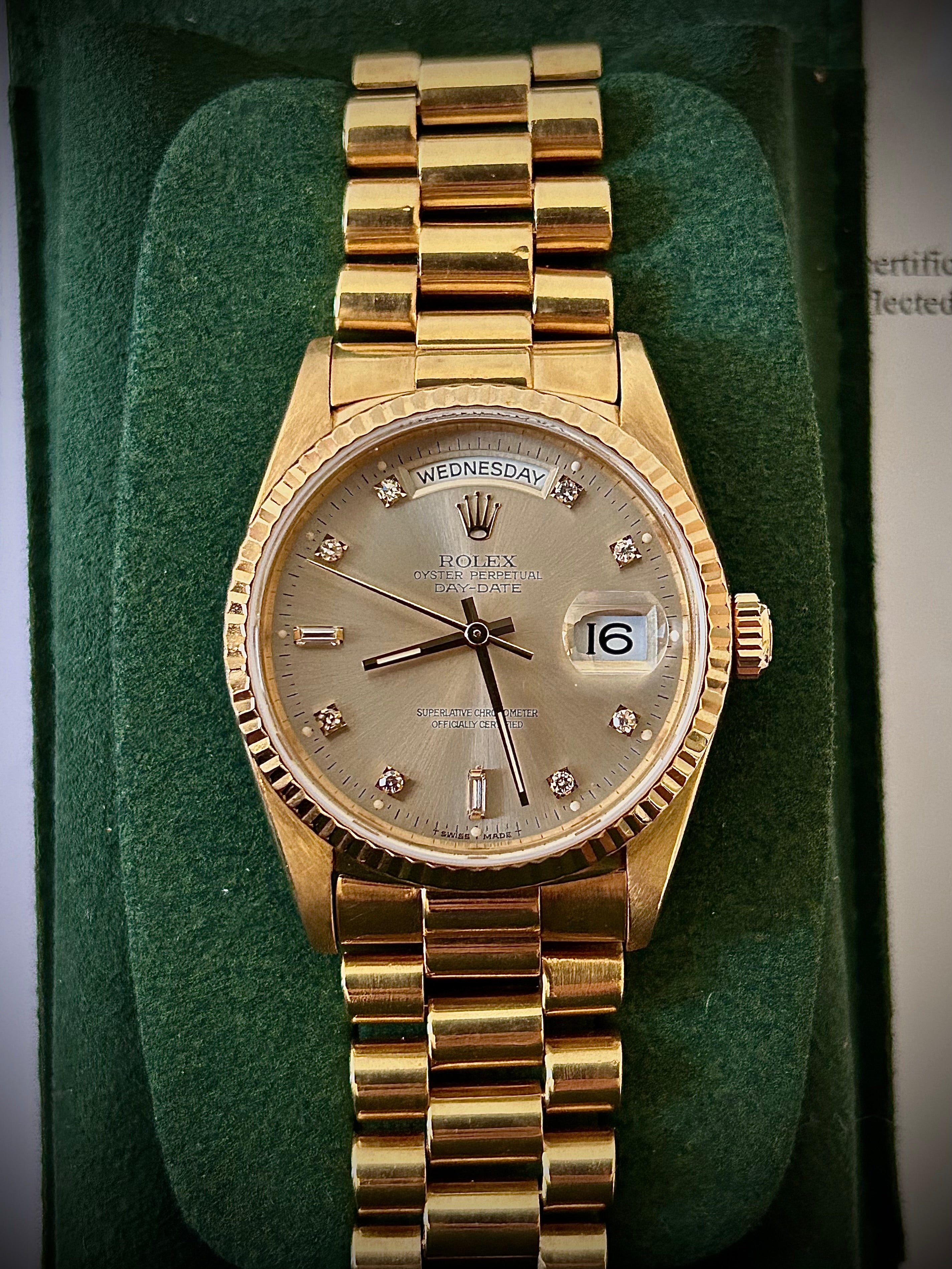 1990 ROLEX DAY-DATE, 18238, 2X RSC AND DIAMOND BEZEL, INC GST