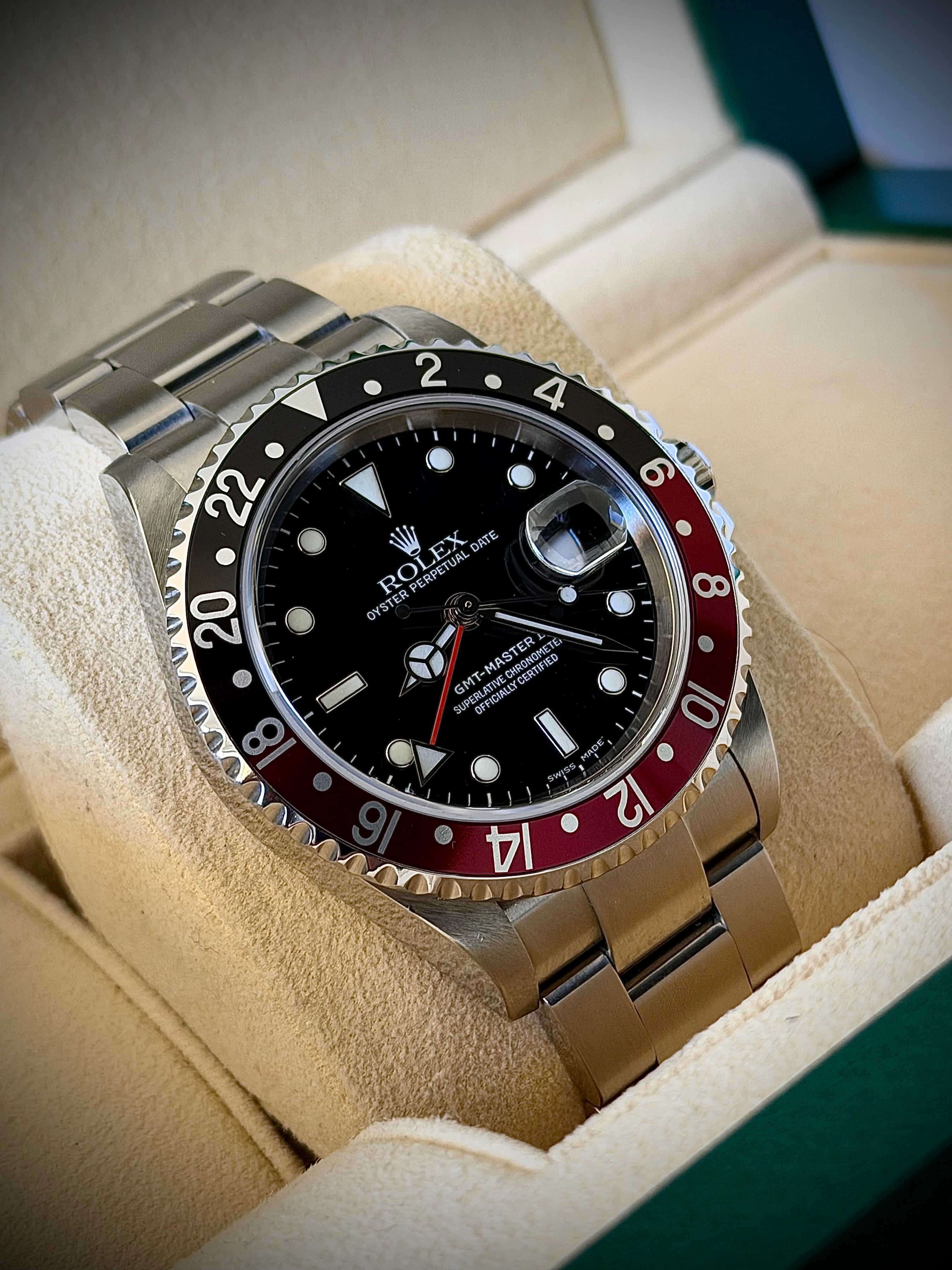 2005 ROLEX GMT-MASTER II “COKE”, NO HOLES, SEL, 16710, FULL SET, INC GST