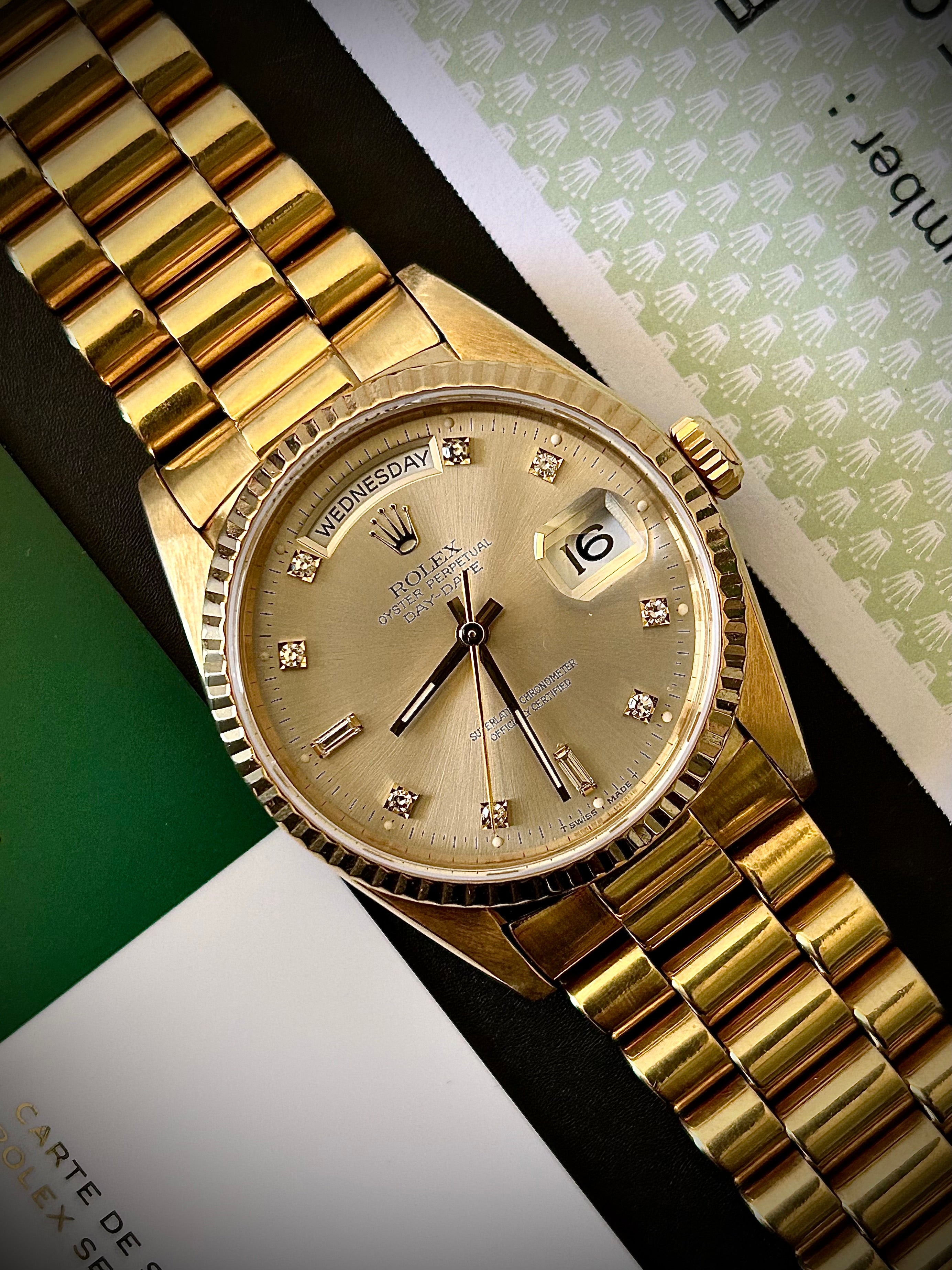 1990 ROLEX DAY-DATE, 18238, 2X RSC AND DIAMOND BEZEL, INC GST