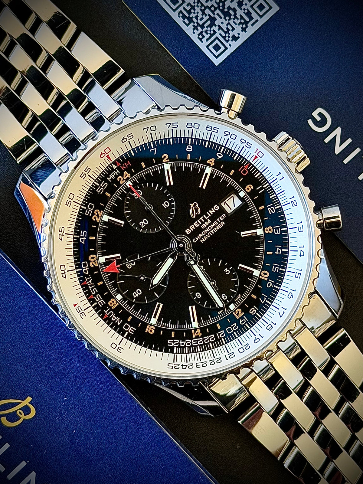 2020 BREITLING NAVITIMER WORLD, A24322, BLACK DIAL, STEEL BRACELET, BOX & PAPERS, INC GST