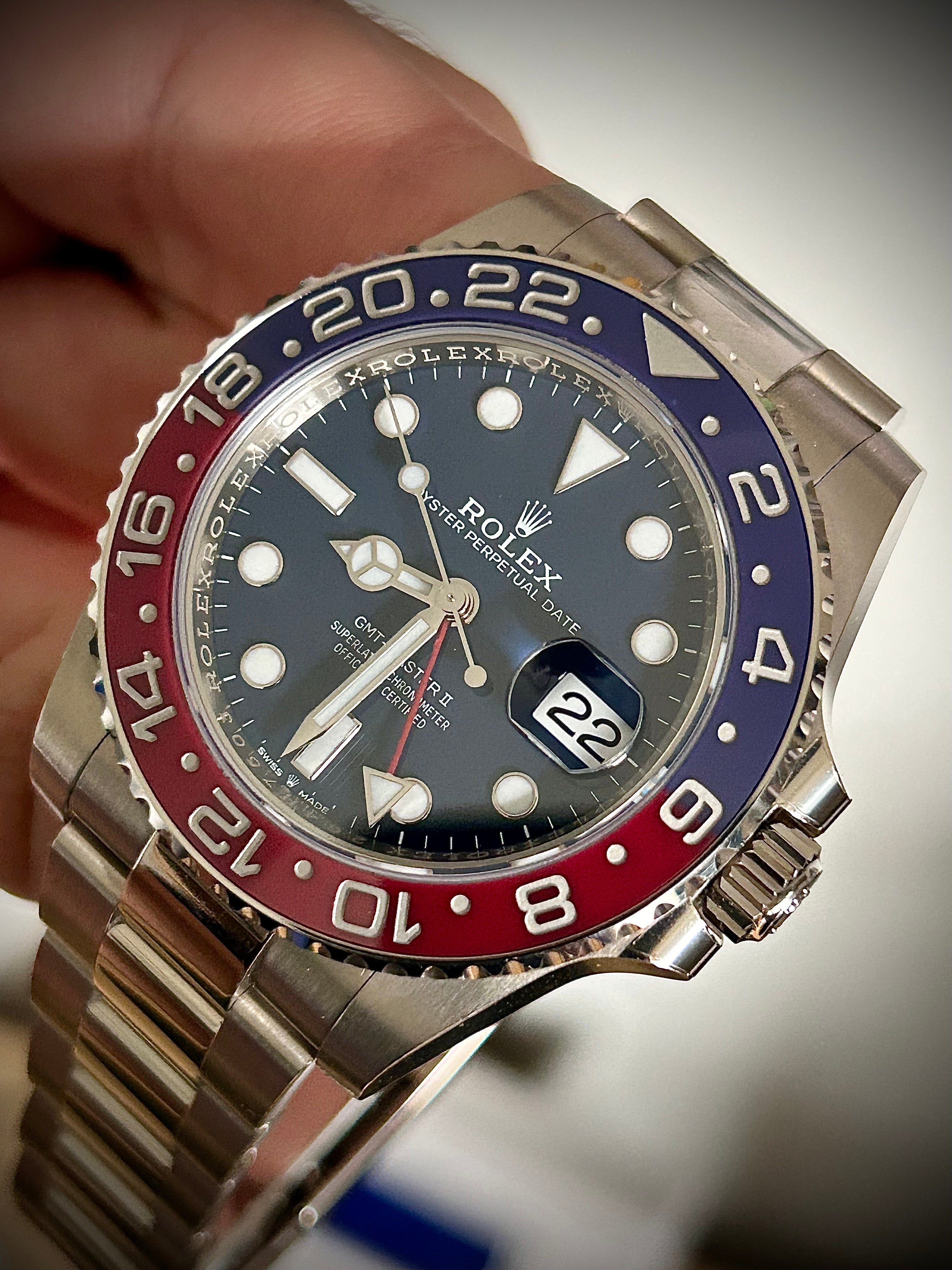 2019 ROLEX GMT MASTER II, PEPSI, WHITE GOLD, BLUE DIAL, 126719BLRO, FULL SET, INC GST