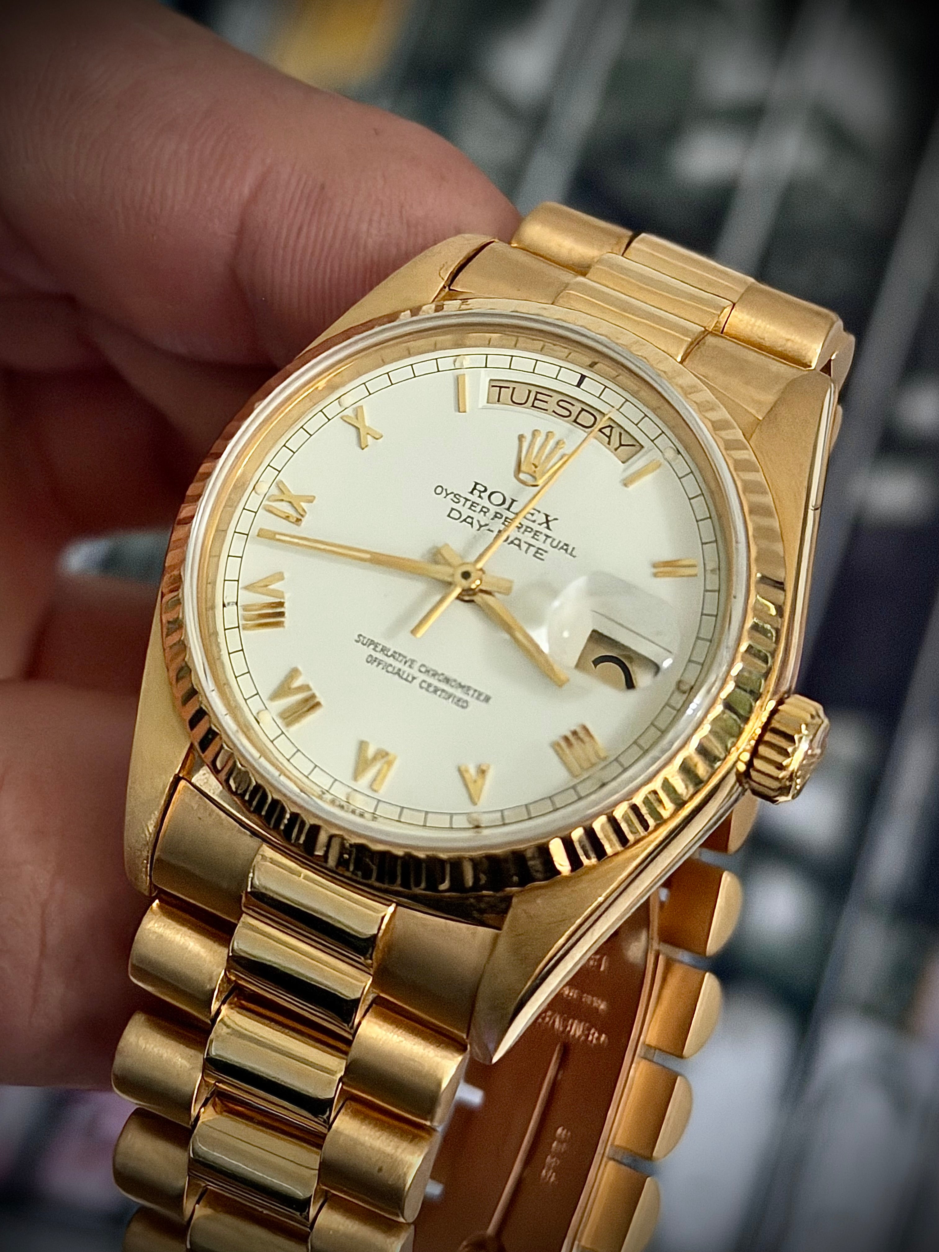 1987 ROLEX DAY DATE 36, 18038, WHITE ROMAN DIAL, FULL SET, INC GST