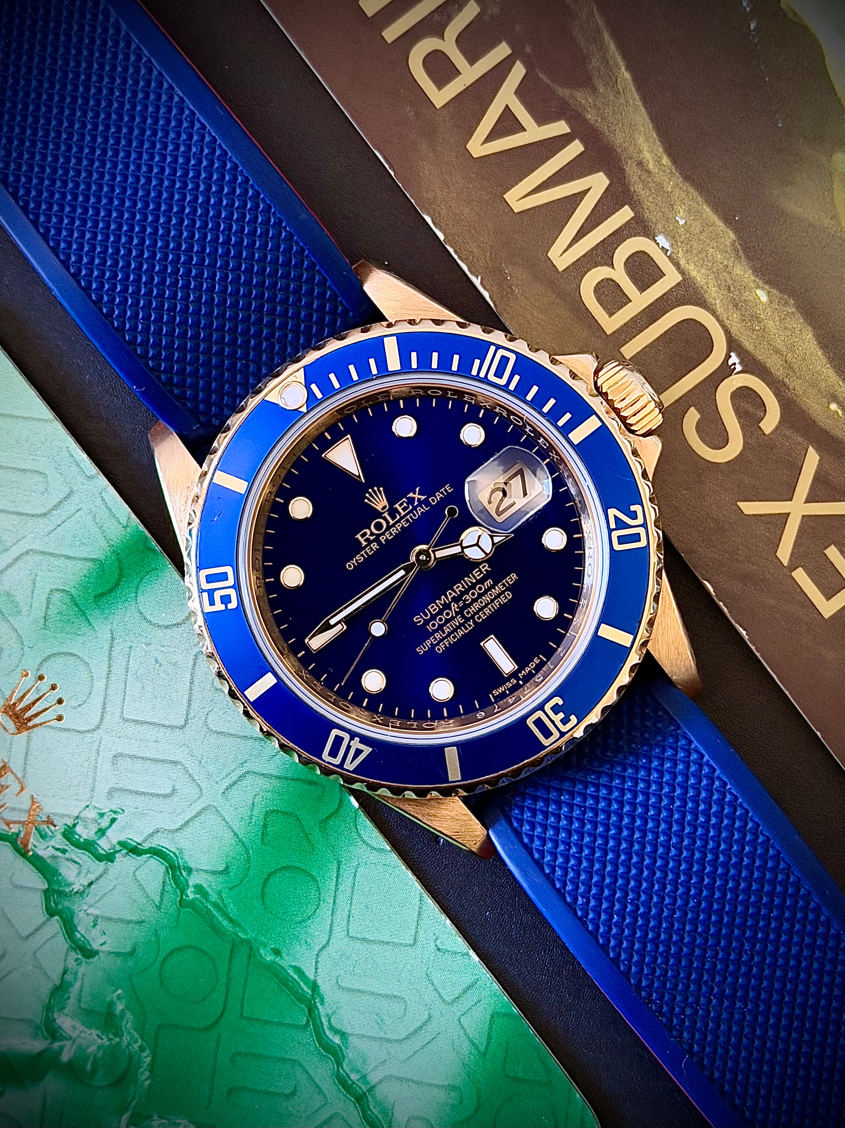 2007 ROLEX SUBMARINER DATE, 16618LB, ENGRAVED REHAUT, BOX AND PAPERS, INC GST