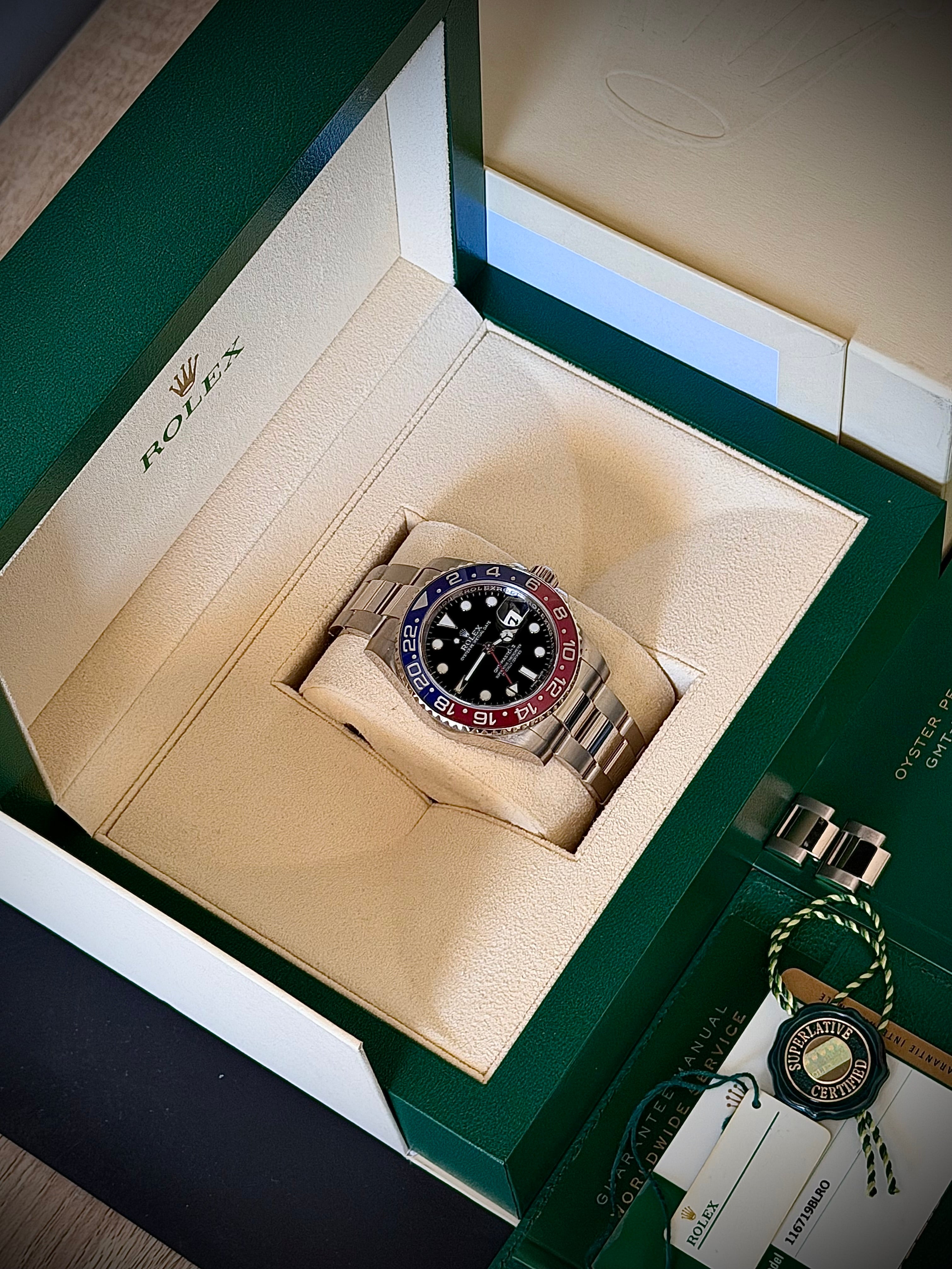 2017 ROLEX GMT MASTER II, PEPSI, WHITE GOLD, BLACK DIAL, 116719BLRO, FULL SET, INC GST