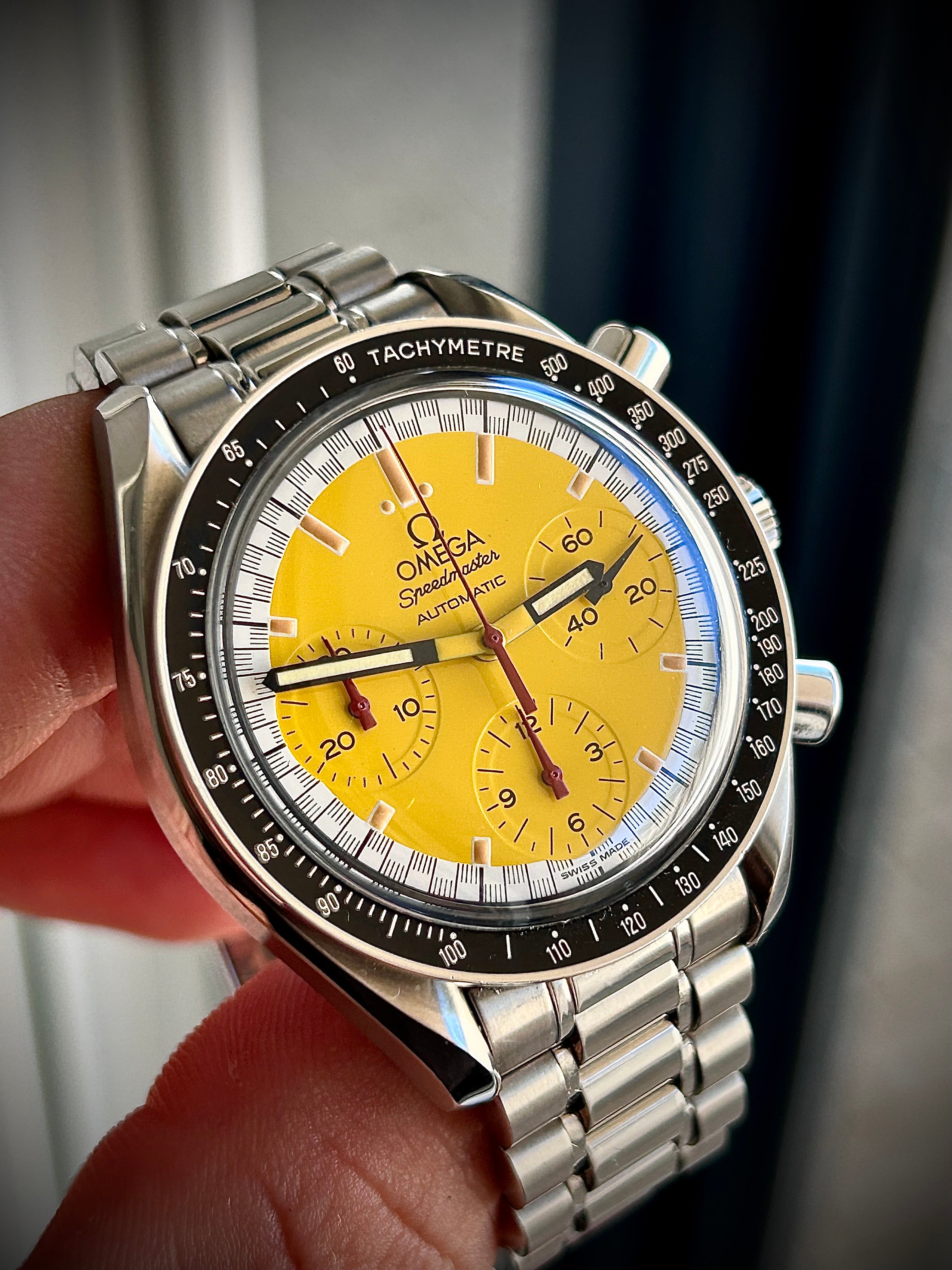 1998 OMEGA SPEEDMASTER REDUCED YELLOW SCHUMACHER, FULL SET, INC GST