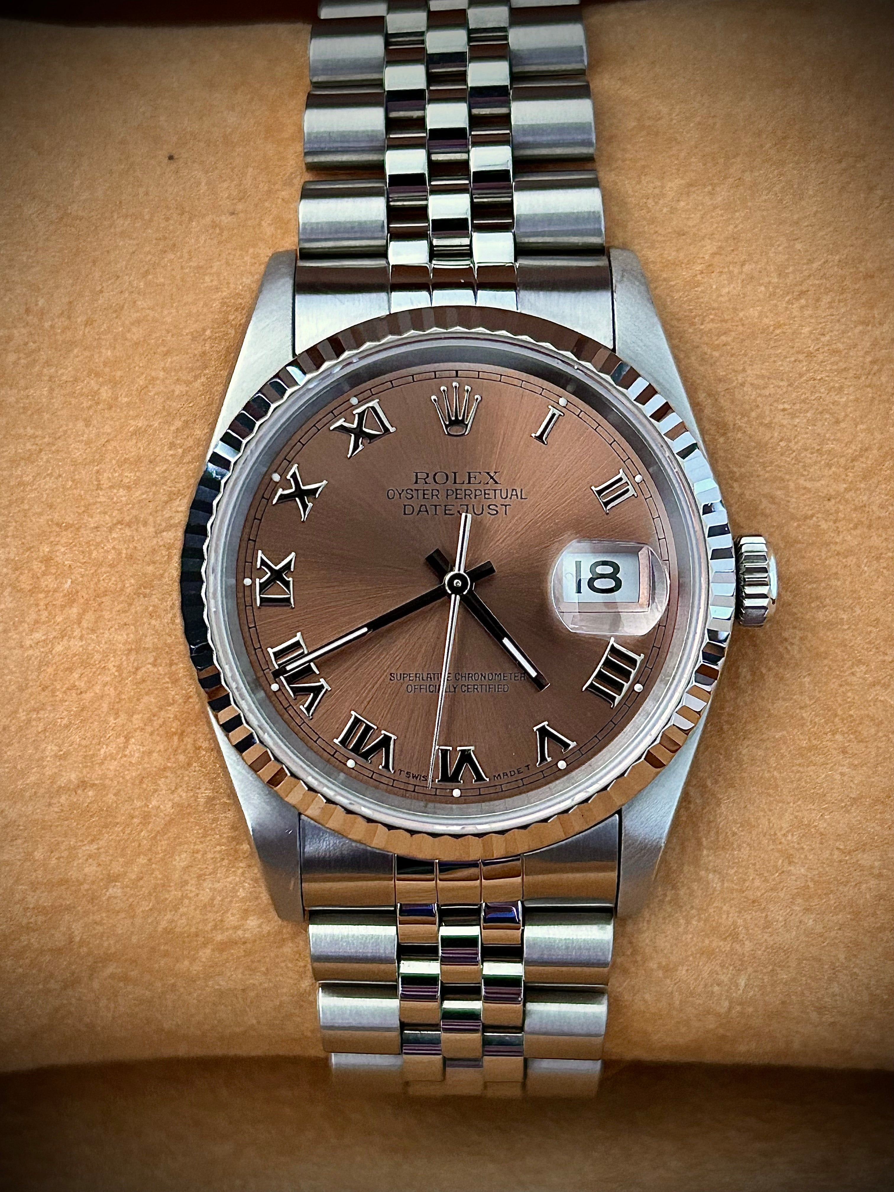 1995 ROLEX DATEJUST 36, 16234, SALMON DIAL, WATCH AND BOX, INC GST