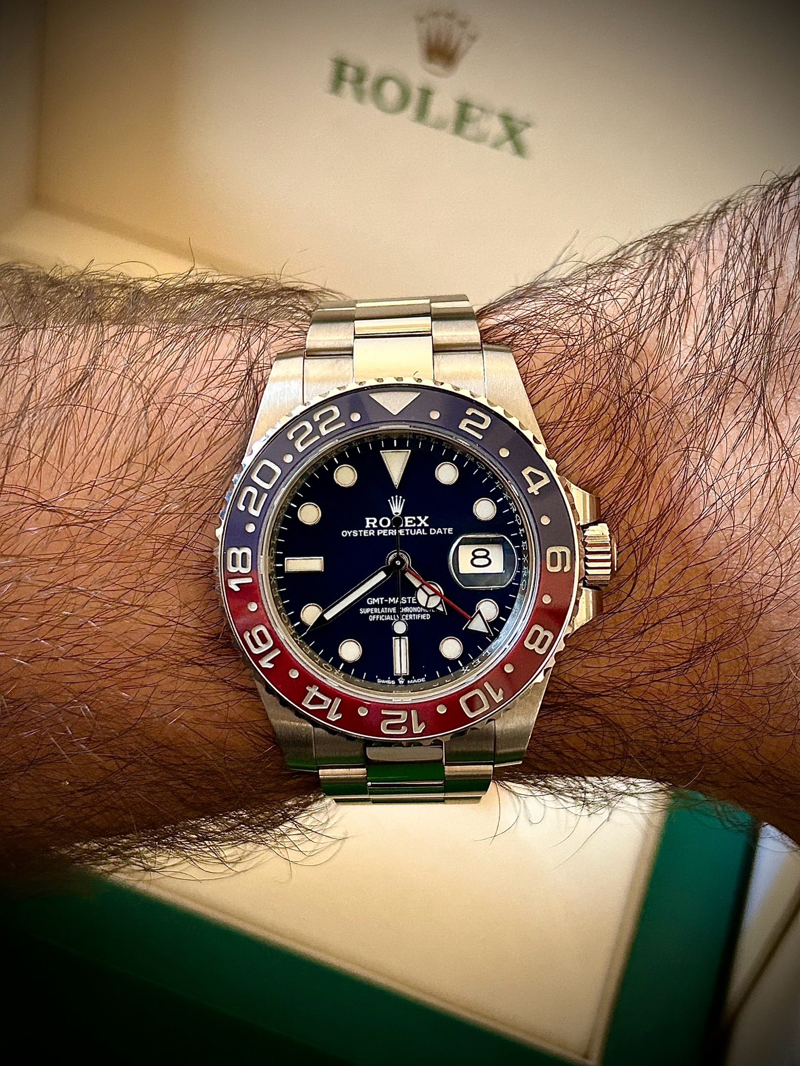 2019 ROLEX GMT MASTER II, PEPSI, WHITE GOLD, BLUE DIAL, 126719BLRO, FULL SET, INC GST