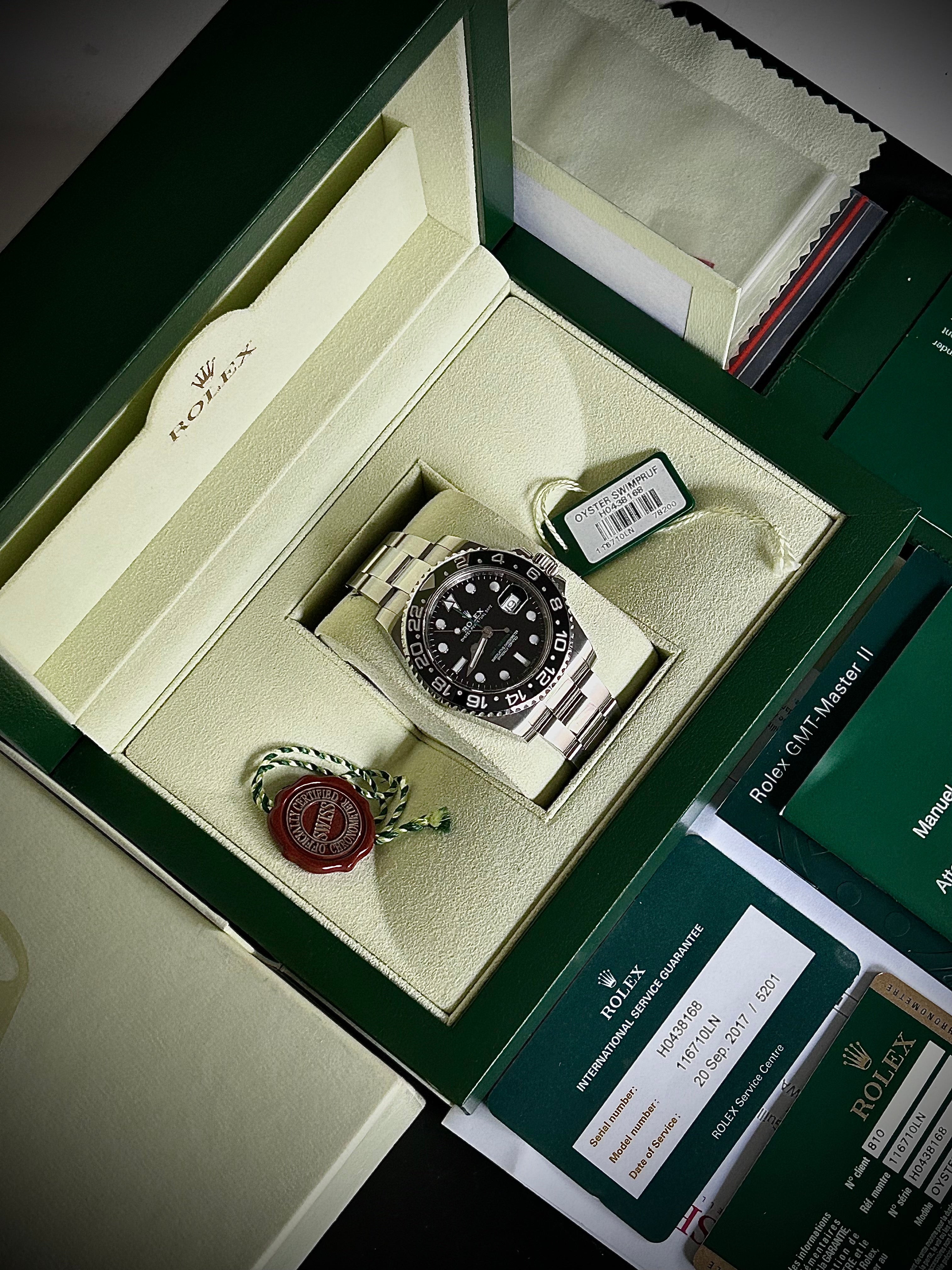 2012 ROLEX GMT MASTER II, RSC SERVICE, 116710LN, FULL SET, INC GST