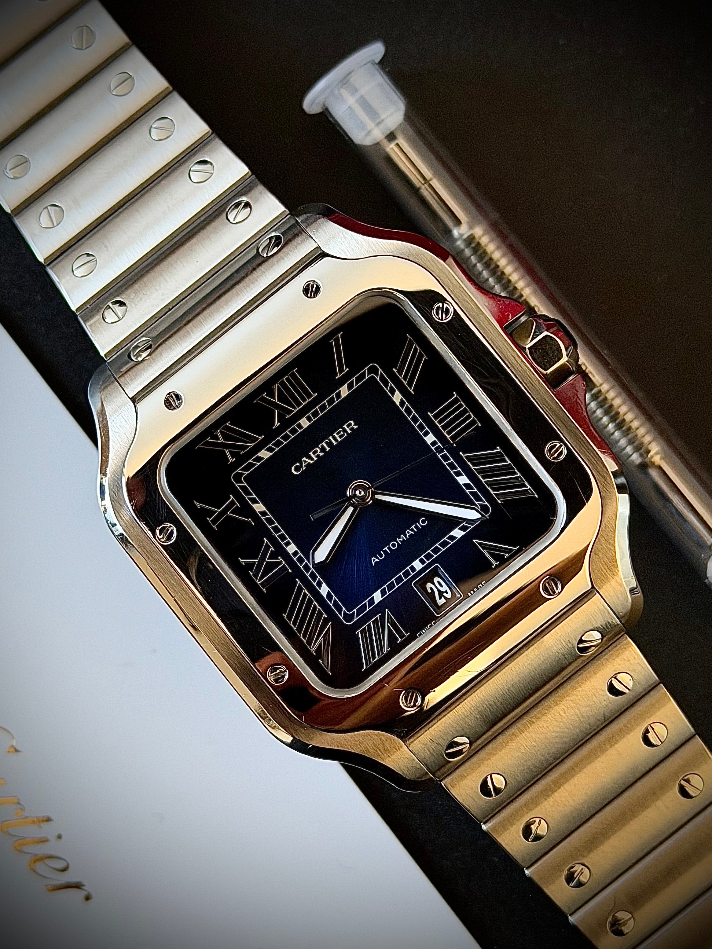 2024 CARTIER SANTOS DE CARTIER LARGE, BLUE DIAL, WSSA0030, BOX AND PAPERS, INC GST