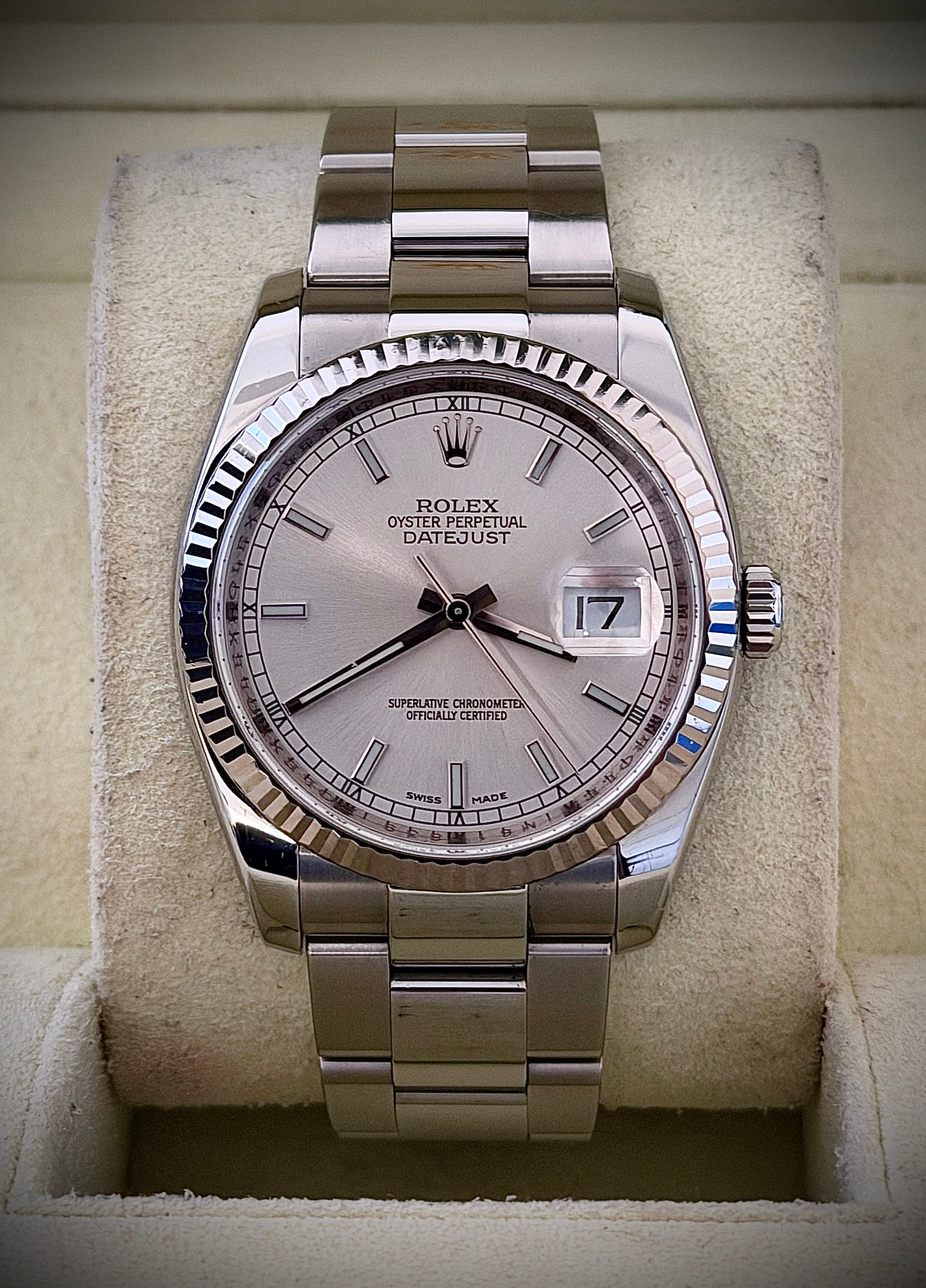 2009 ROLEX DATEJUST 36, 116234, FLUTED BEZEL, OYSTER BRACELET, SILVER DIAL, BOX & PAPERS, INC GST