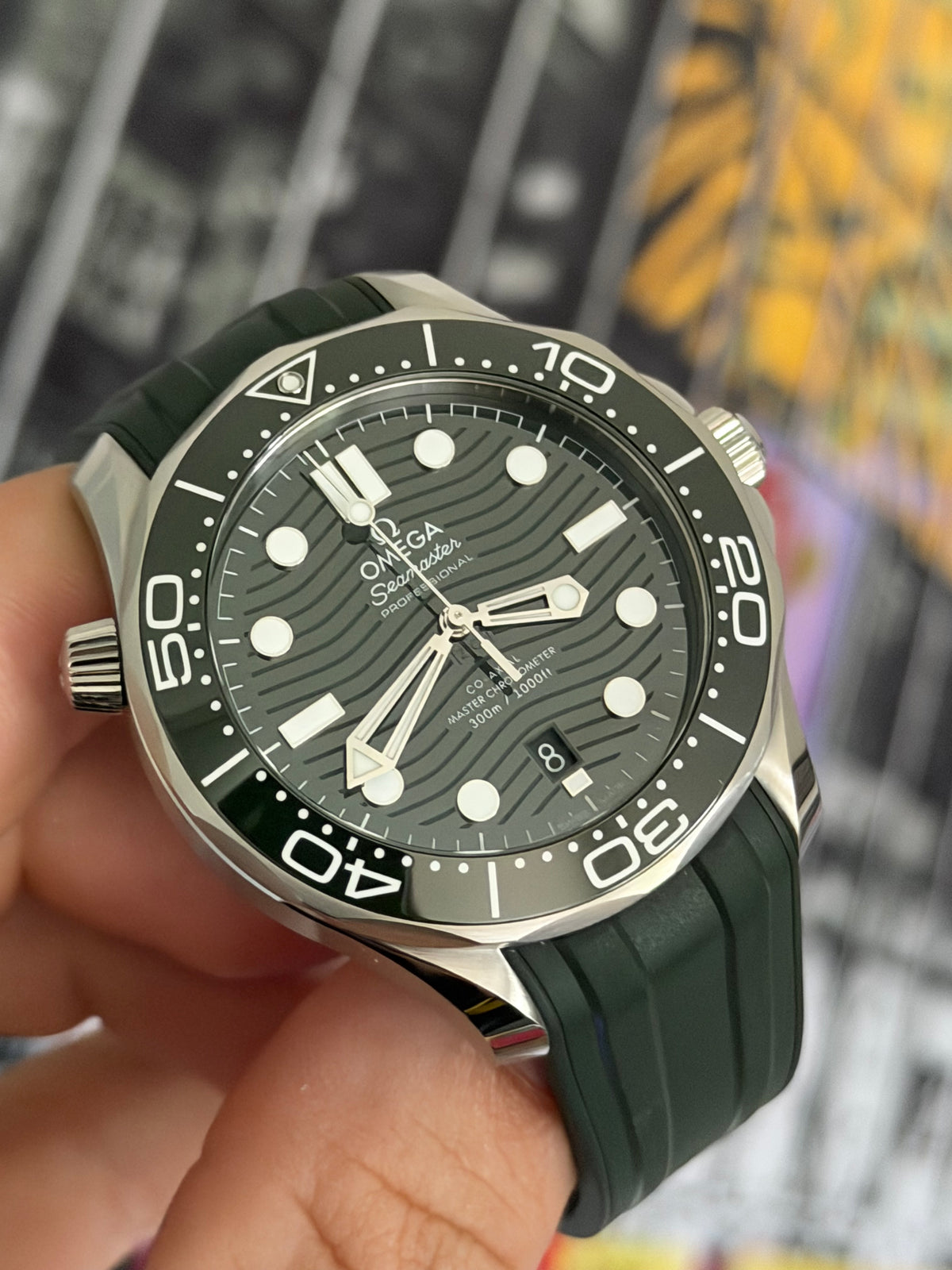 2023 OMEGA SEAMASTER DIVER 300M, 210.32.42.20.10.001, GREEN DIAL, RUBBER STRAP, BOX AND CARDS, INC GST