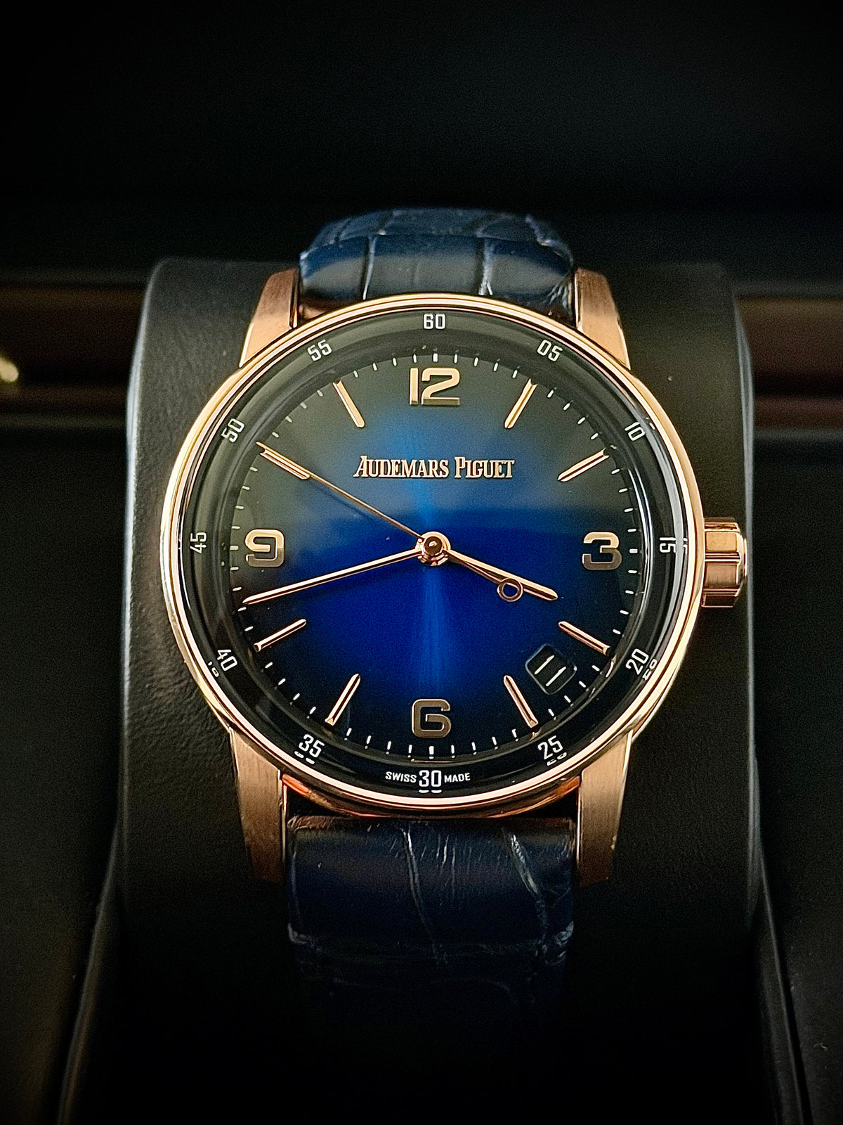 2023 AUDEMARS PIGUET CODE 11.59 SELFWINDING, 15210OR.OO.A028CR.01, 18CT PINK GOLD, SMOKED BLUE DIAL, FULL SET, INC GST