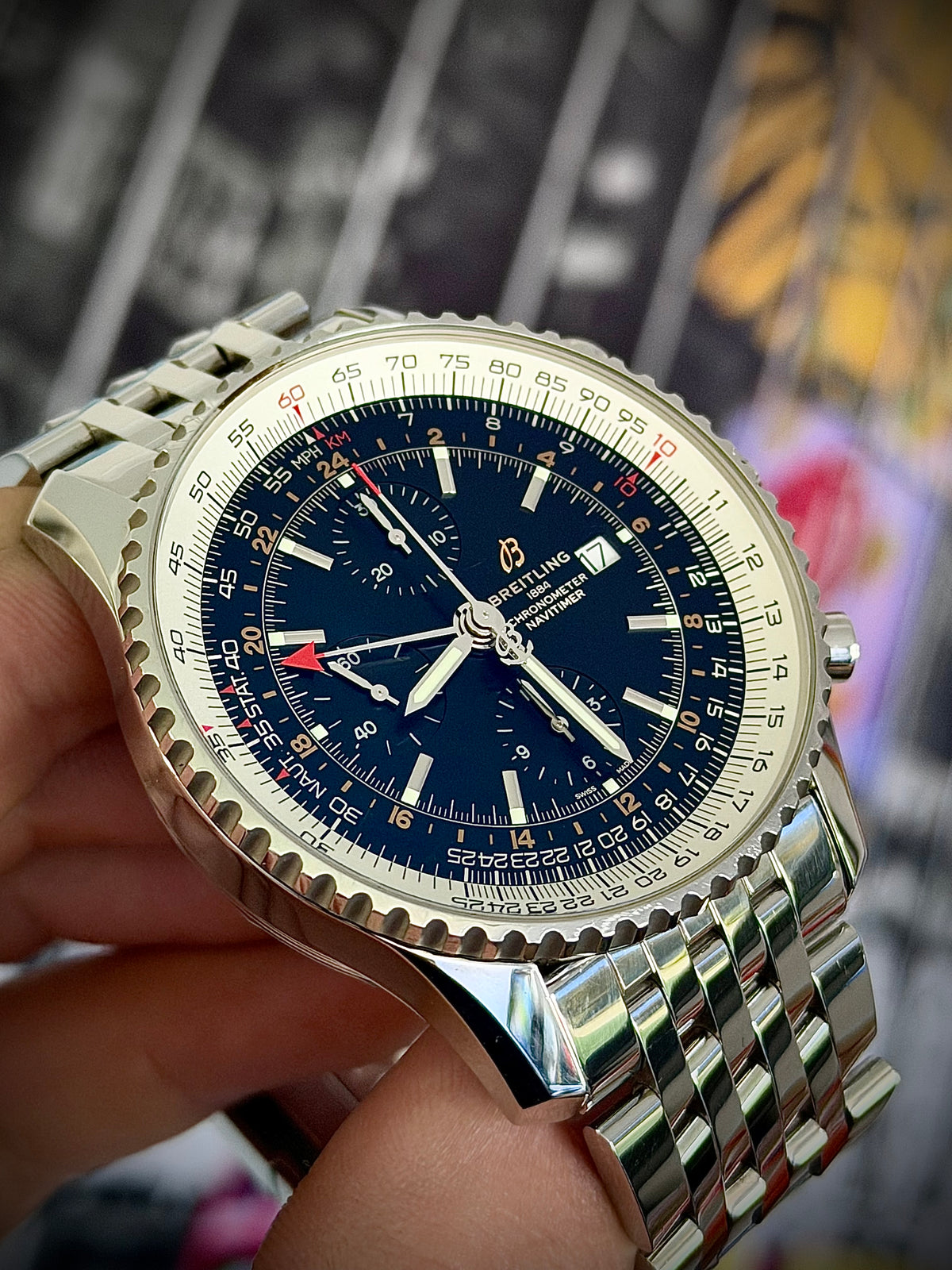 2020 BREITLING NAVITIMER WORLD, A24322, BLACK DIAL, STEEL BRACELET, BOX & PAPERS, INC GST
