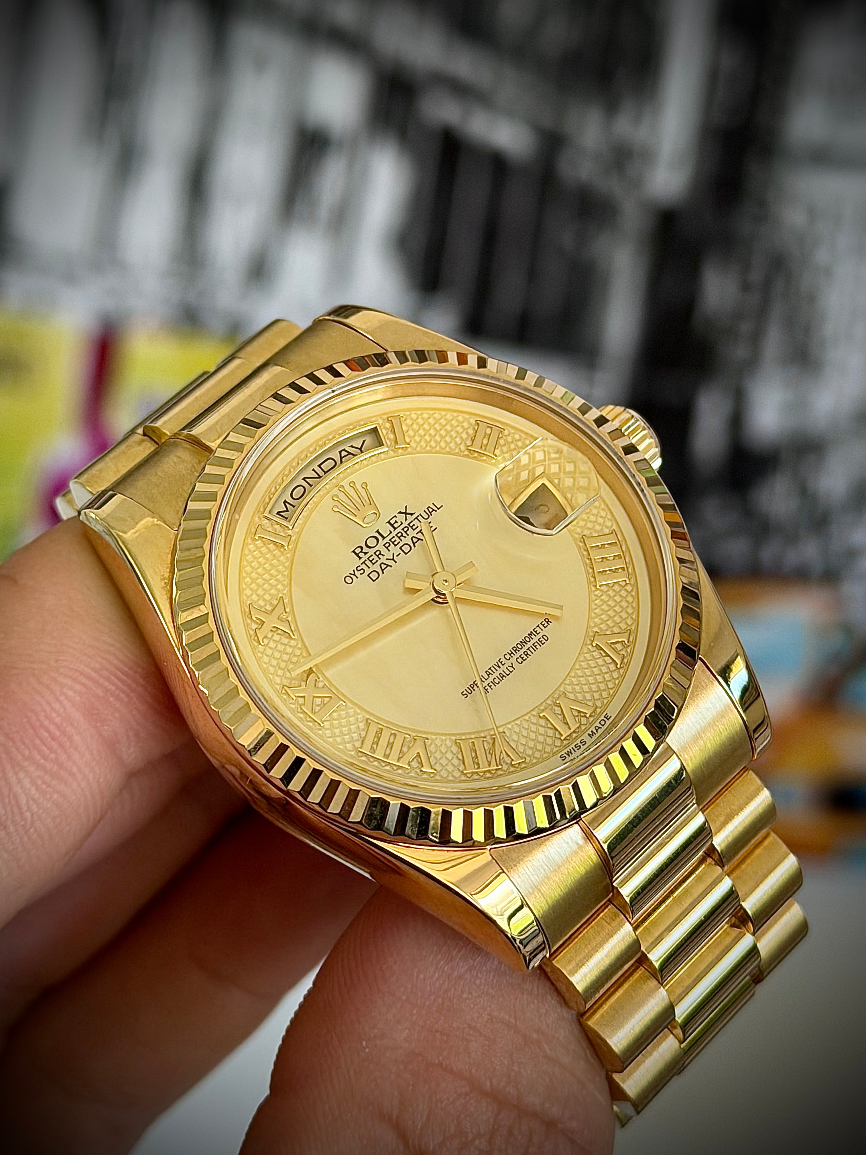 2001 ROLEX DAY-DATE PRESIDENT, 118238, FACTORY SECTOR MOTHER OF PEARL DIAL, BOX AND BOOKLETS W/ORIGINAL RECEIPT, INC GST